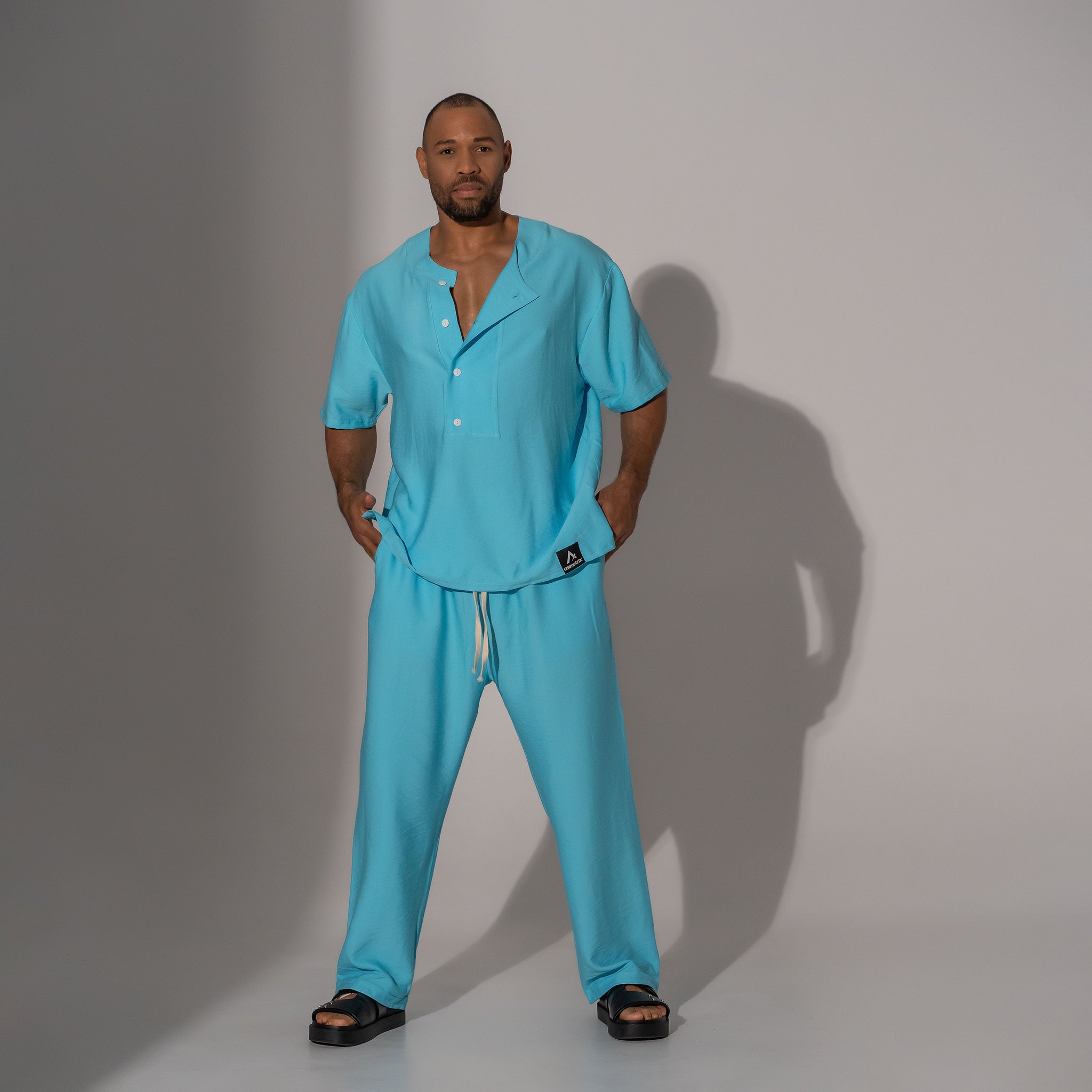 Asimetrix: Pantaloni lungi drepti din in bleu