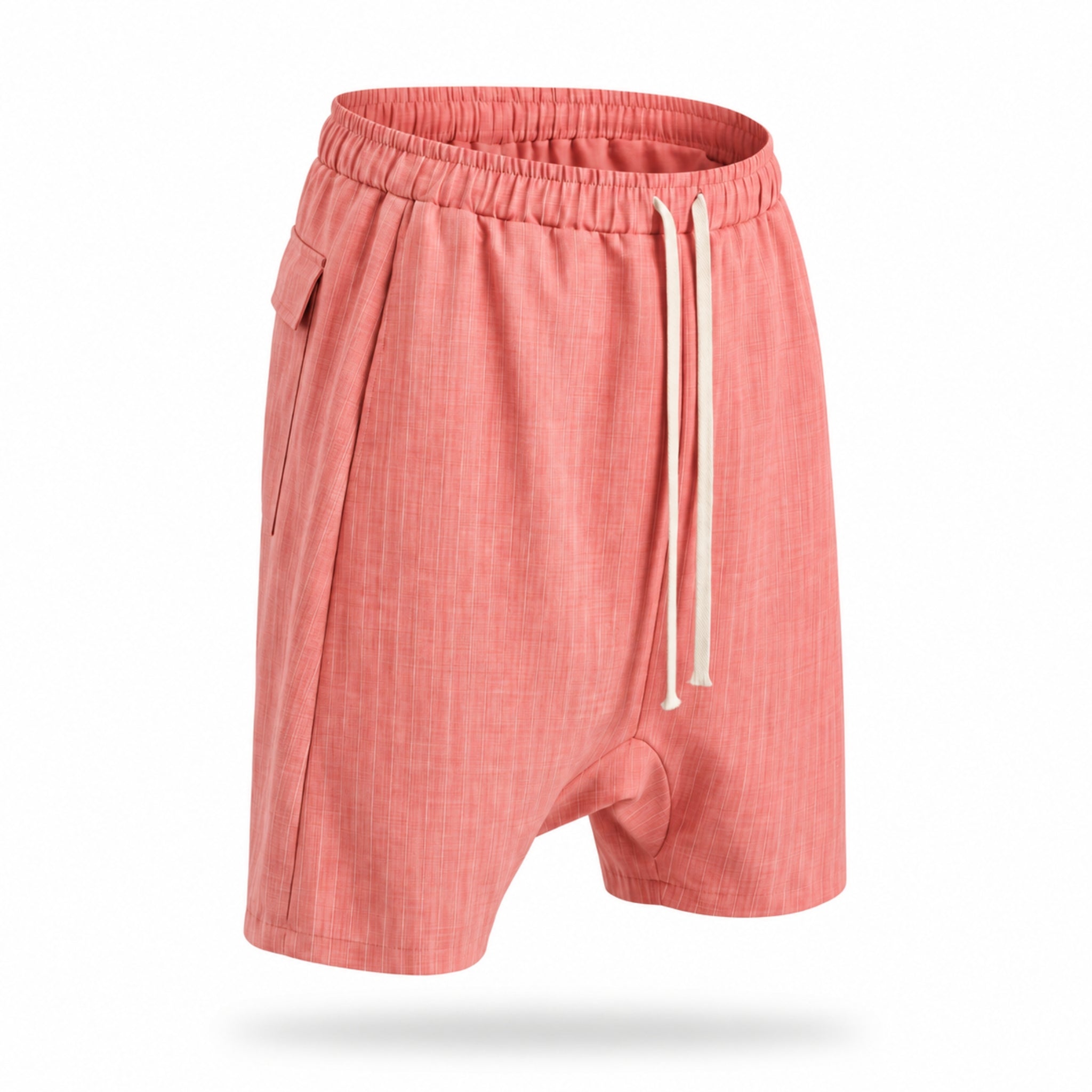PRECOMANDA CU TERMEN DE LIVRARE 10 ZILE! Compleu bărbați roz cu dungi fine – bluza cu decolteu și pantaloni scurți lejeri de vară