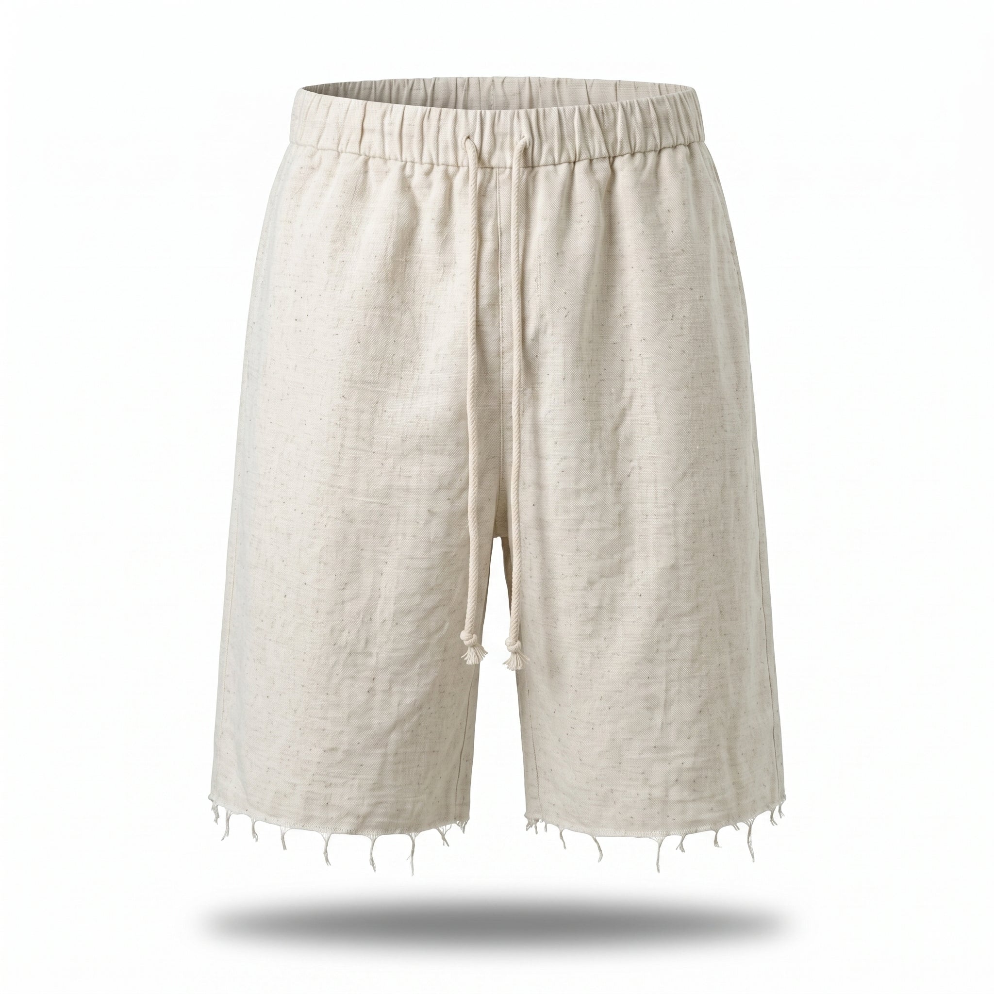 Pantaloni scurți bărbați din in 100% natural, alb ecru, cu tiv raw – model lejer de vară