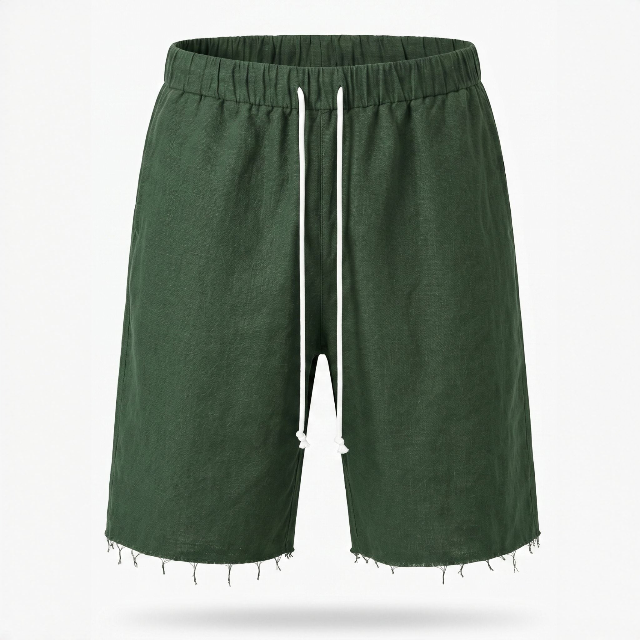 Pantaloni scurți bărbați din in 100% natural, verde, cu talie elastică și tiv raw