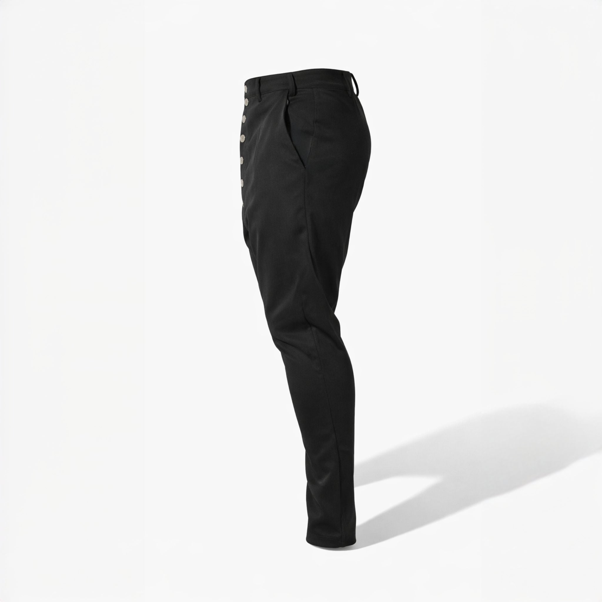 Pantaloni casual barbatesti negri cu tur lasat si nasturi metalici pe slit