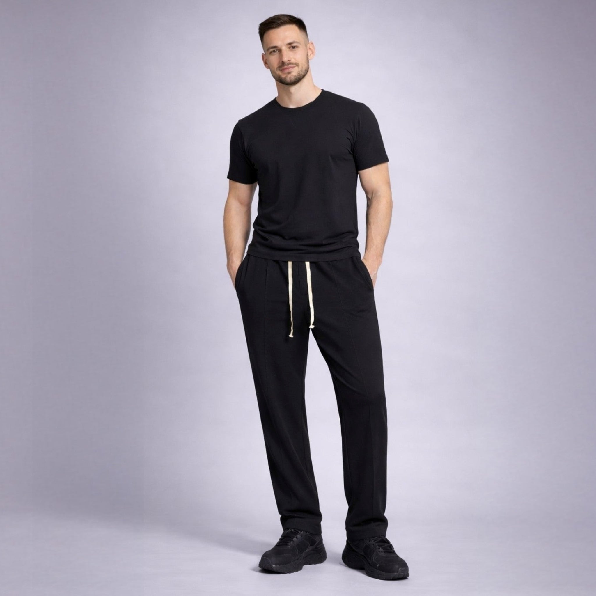 Pantaloni trening drepti cu tur lasat si dunga pe mijloc fata