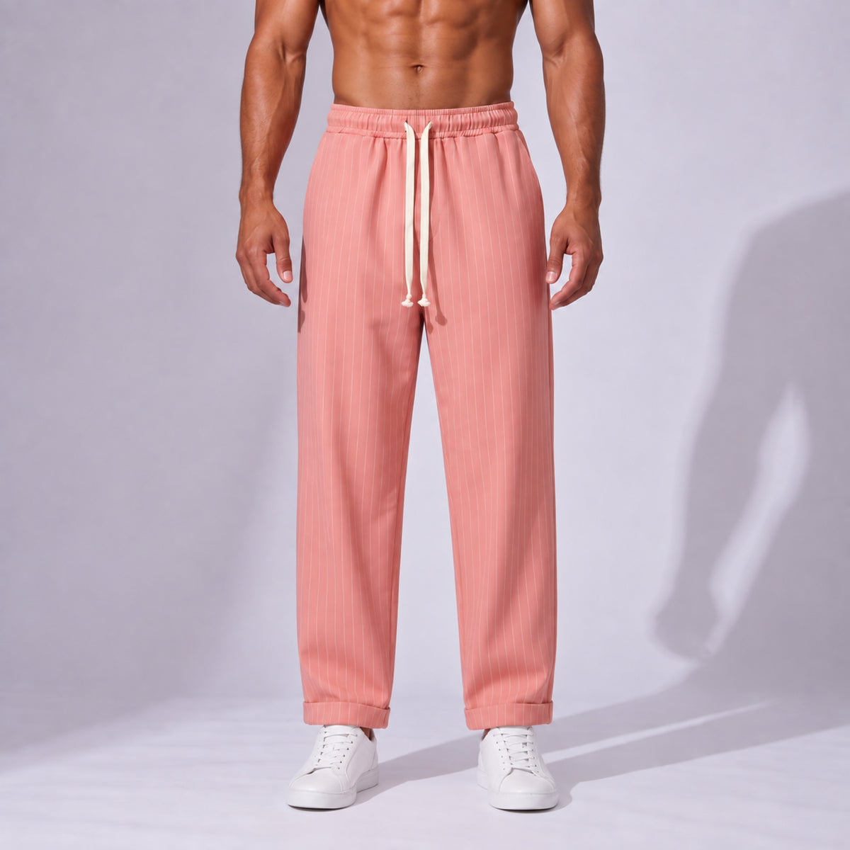 Pantaloni bărbați roz cu dungi fine, croială dreaptă lejeră