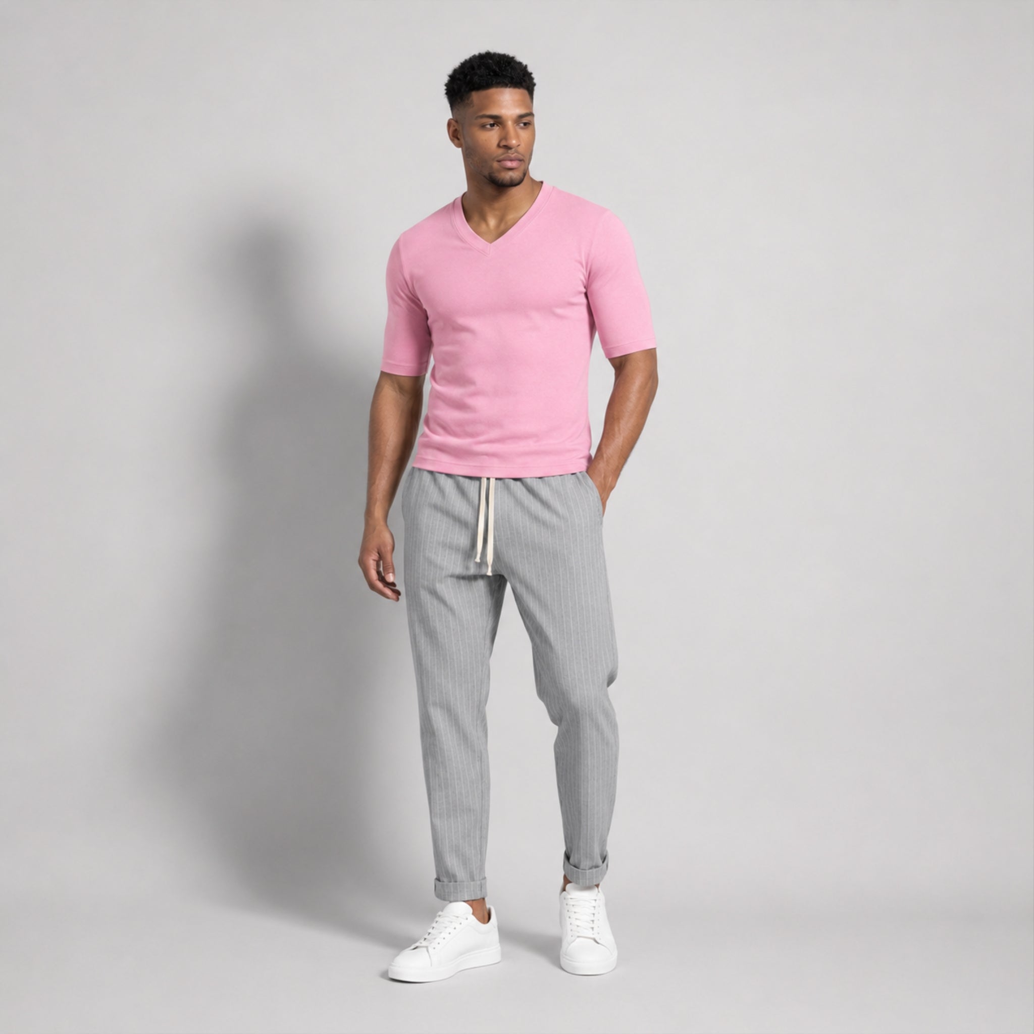 Tricou bărbați roz slim fit cu decolteu în V - Jersey Subțire, Respirabil, Calitate Premium