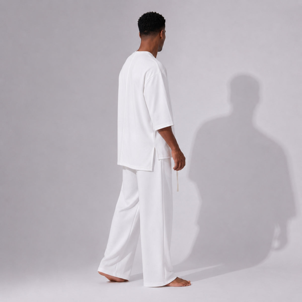 Tricou Bărbați Oversized Long Line Alb, Mâneci 3/4, Tivuri Raw