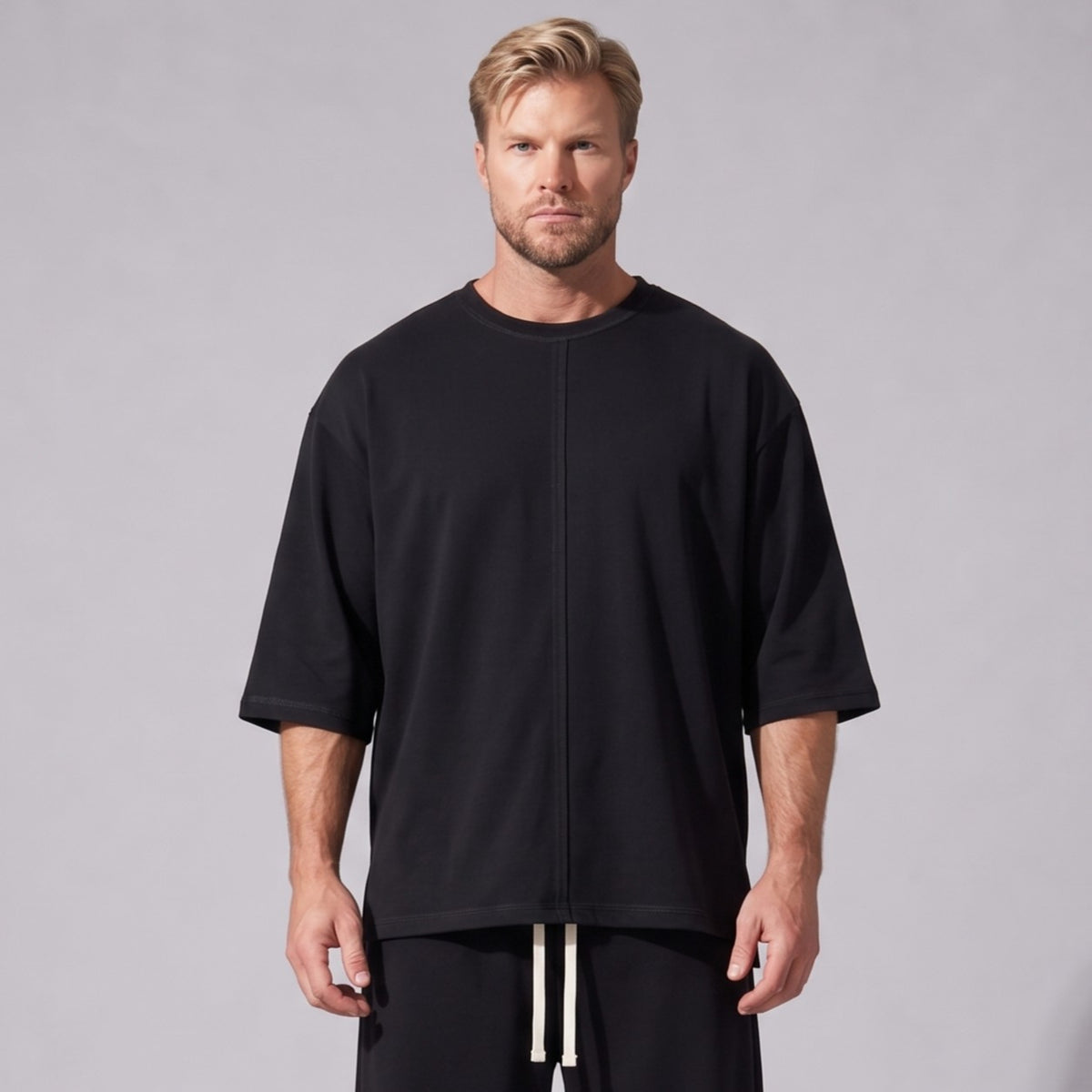 Tricou Bărbați Oversized Long Line din Bumbac 100% – Negru, Mâneci 3/4, Tivuri Raw