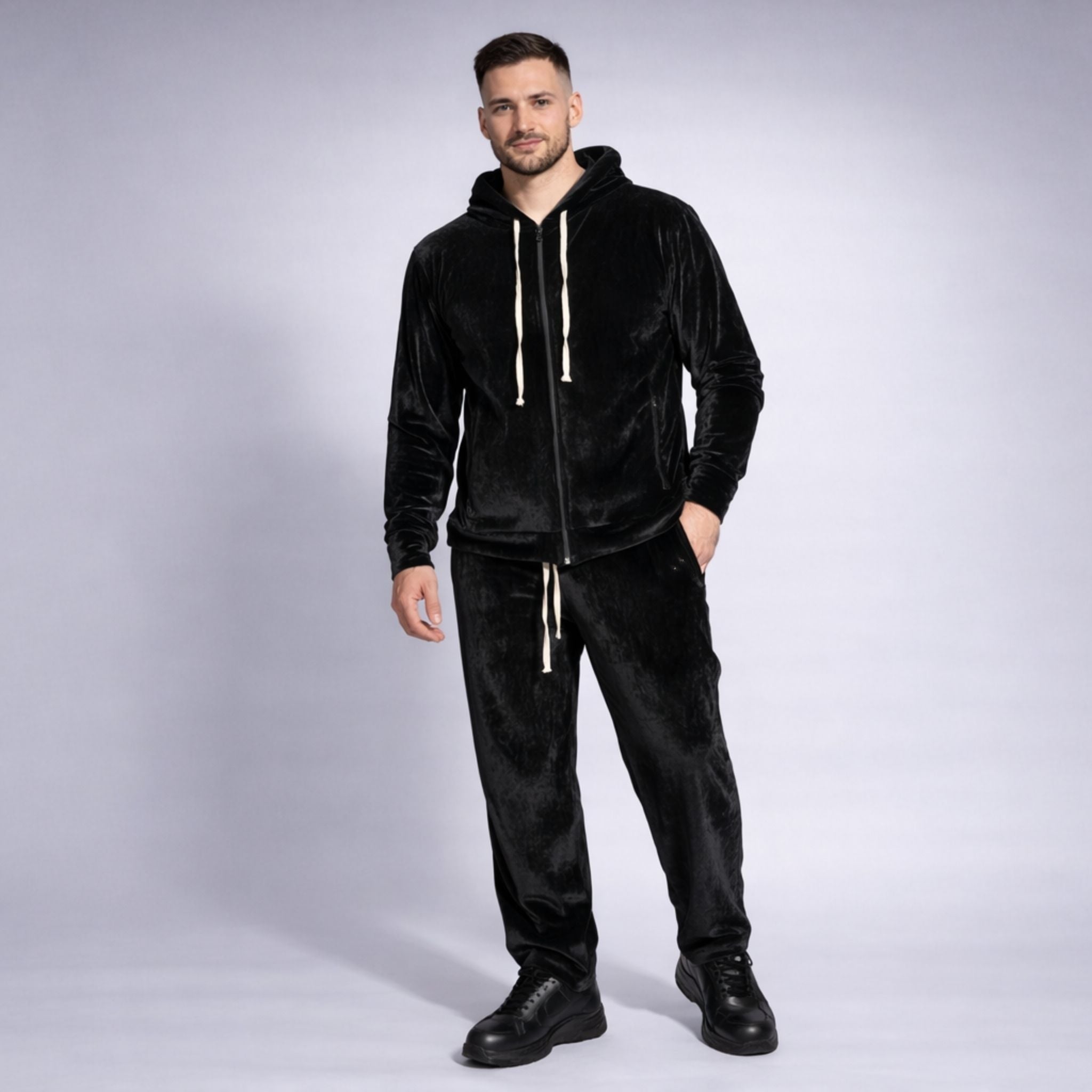 Pantaloni bărbătești drepți din catifea neagră cu fermoare laterale – Stil modern premium