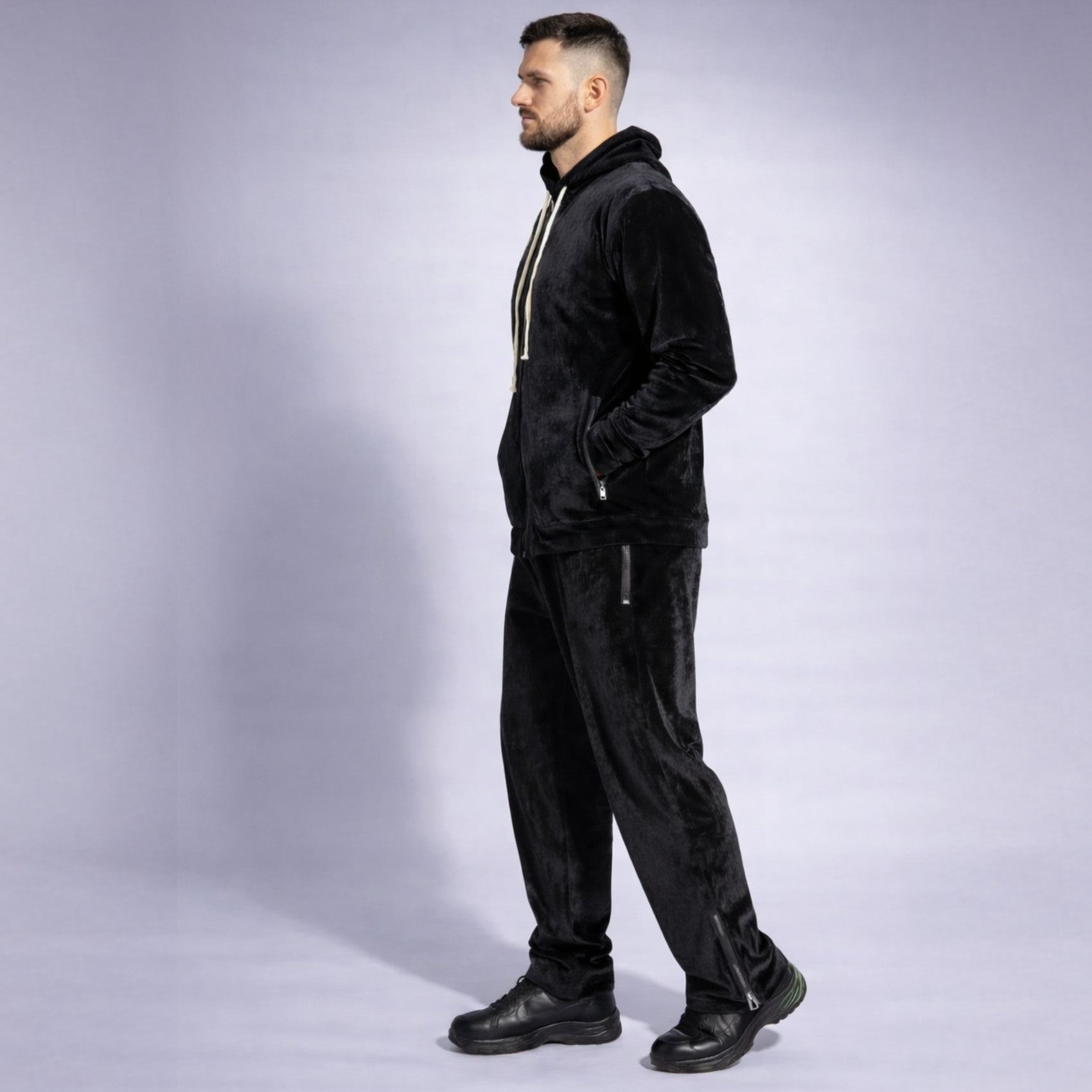 Tinuta casual moderna cu hanorac lung din catifea si pantaloni tactici Asimetrix