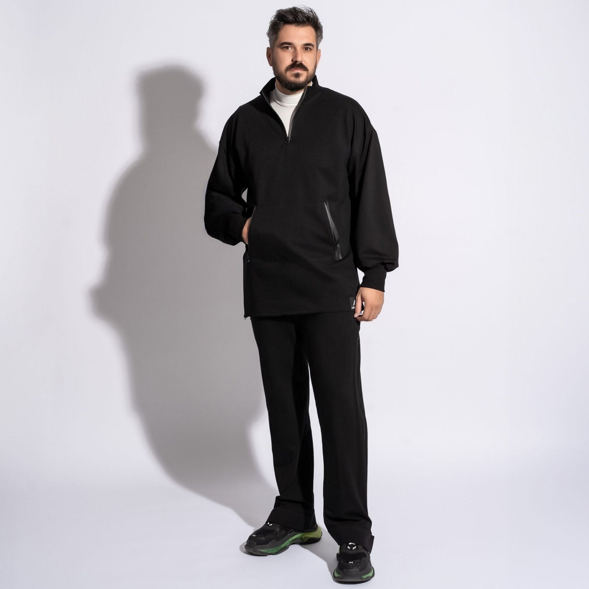 bluza barbateasca long line cu umar cazut si maneca bufanta