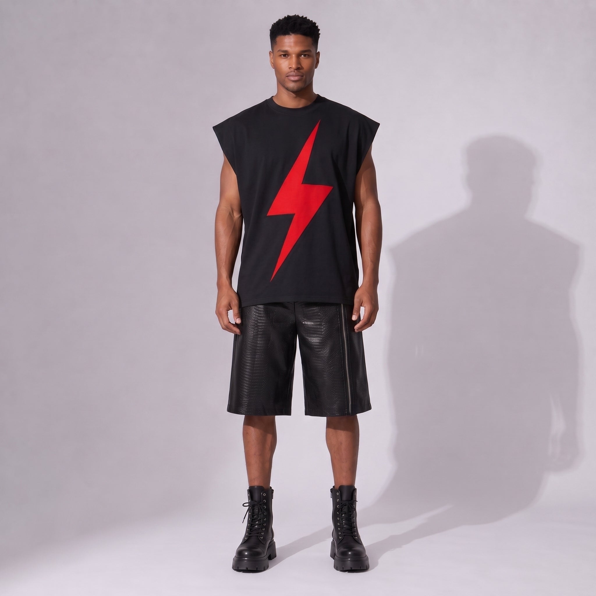 Bluză Bărbați Oversized Fără Mâneci, Umăr Căzut – 100% Bumbac, Design Fulger Laser
