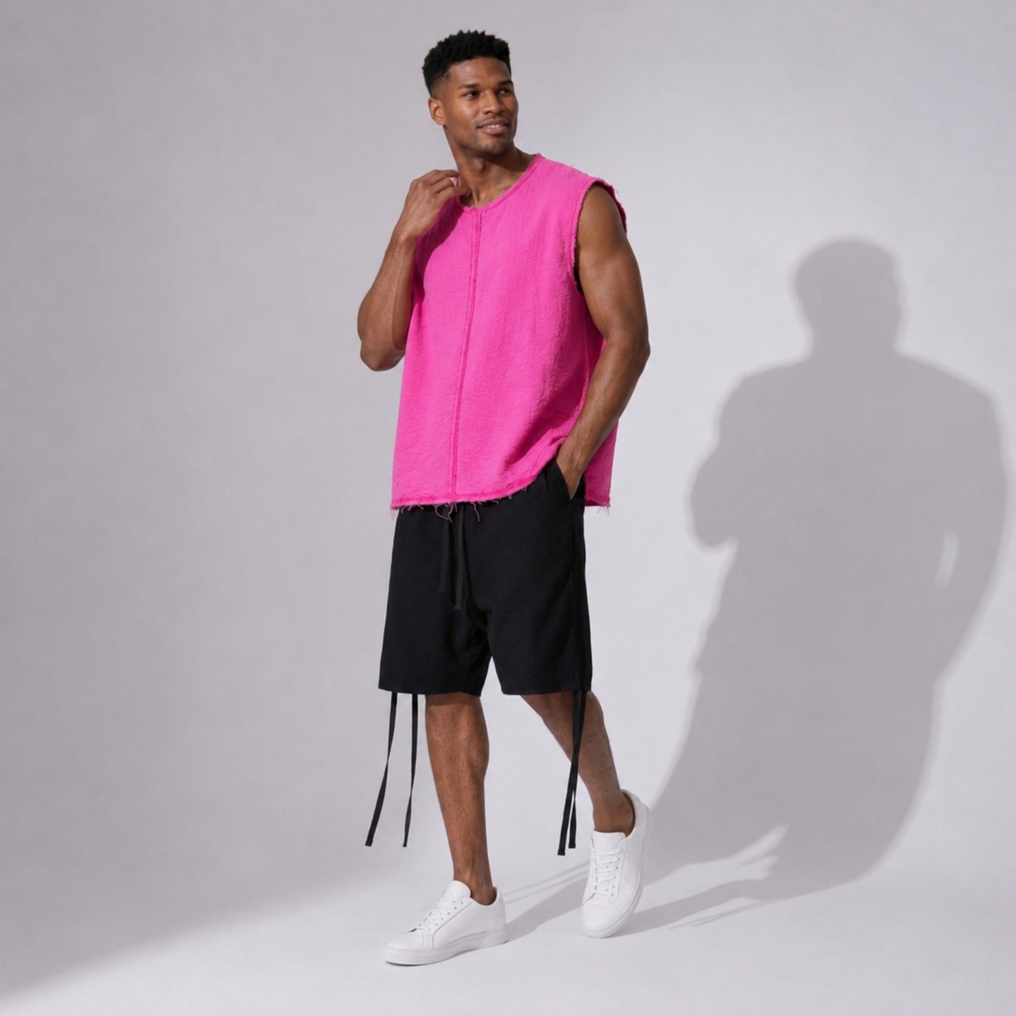 Bluză oversized bărbați din in fucsia fără mâneci, cu tivuri raw