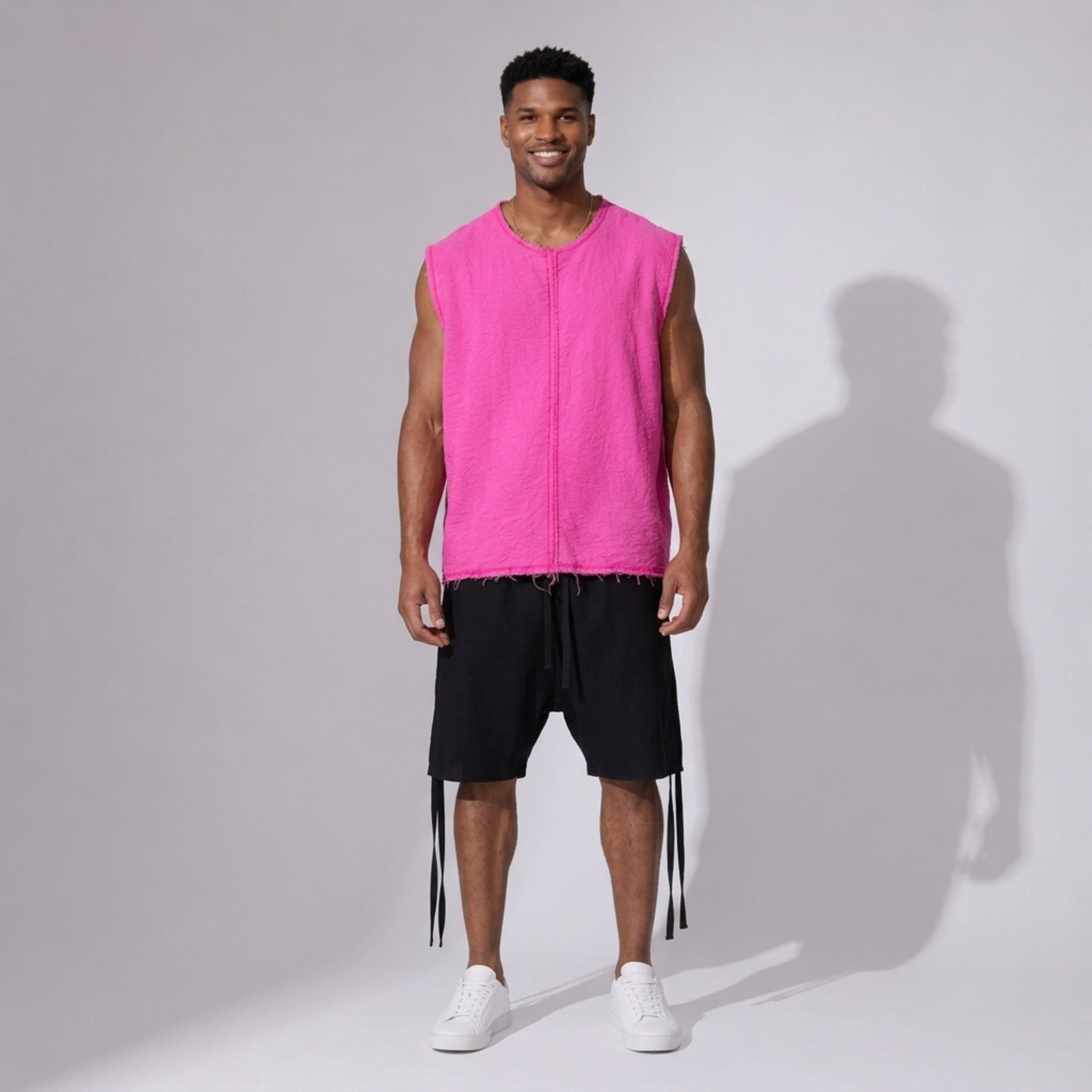 Bluză oversized bărbați din in fucsia fără mâneci, cu tivuri raw