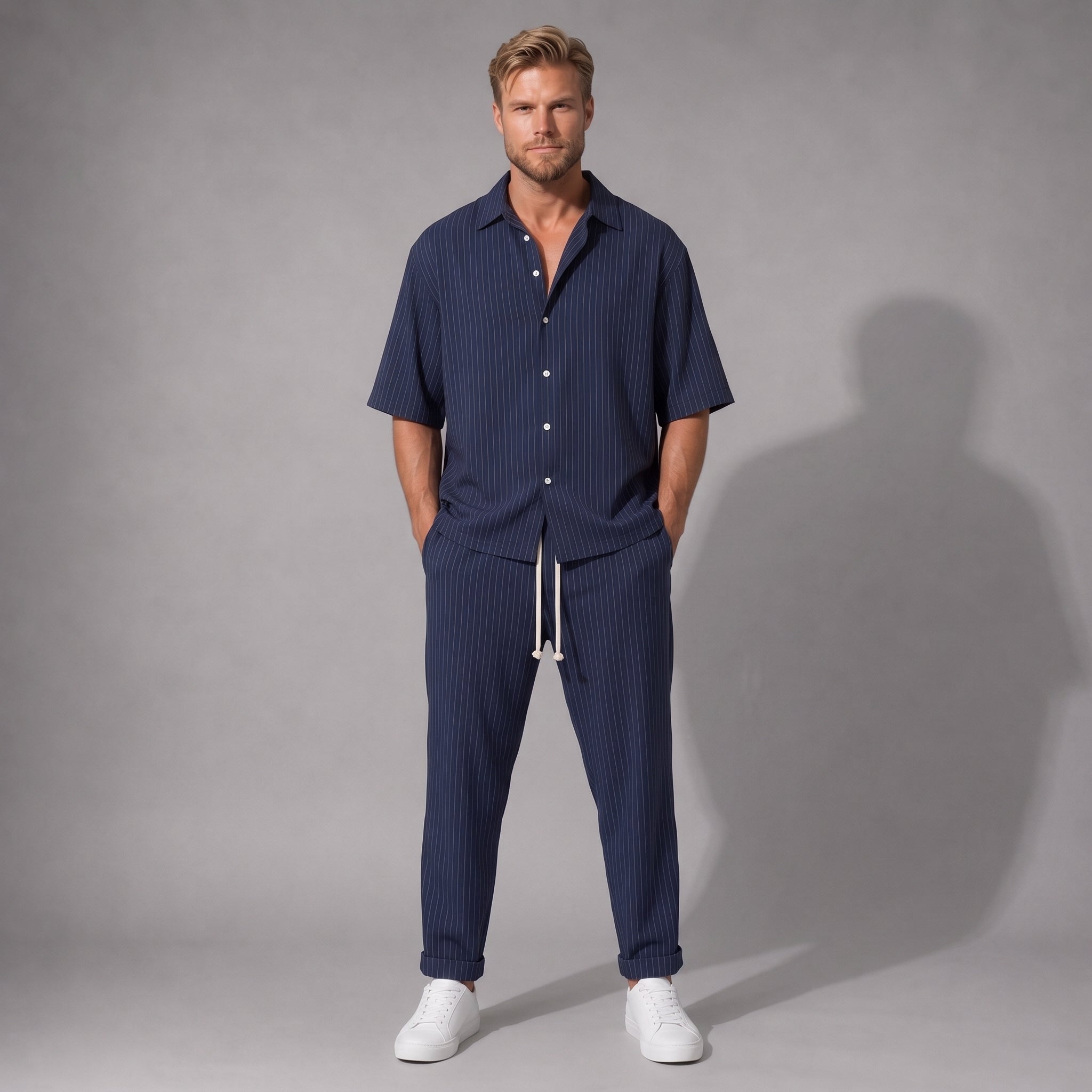 Compleu Bărbați Bleumarin cu Dungi – Cămașă Oversized și Pantaloni Lungi Casual