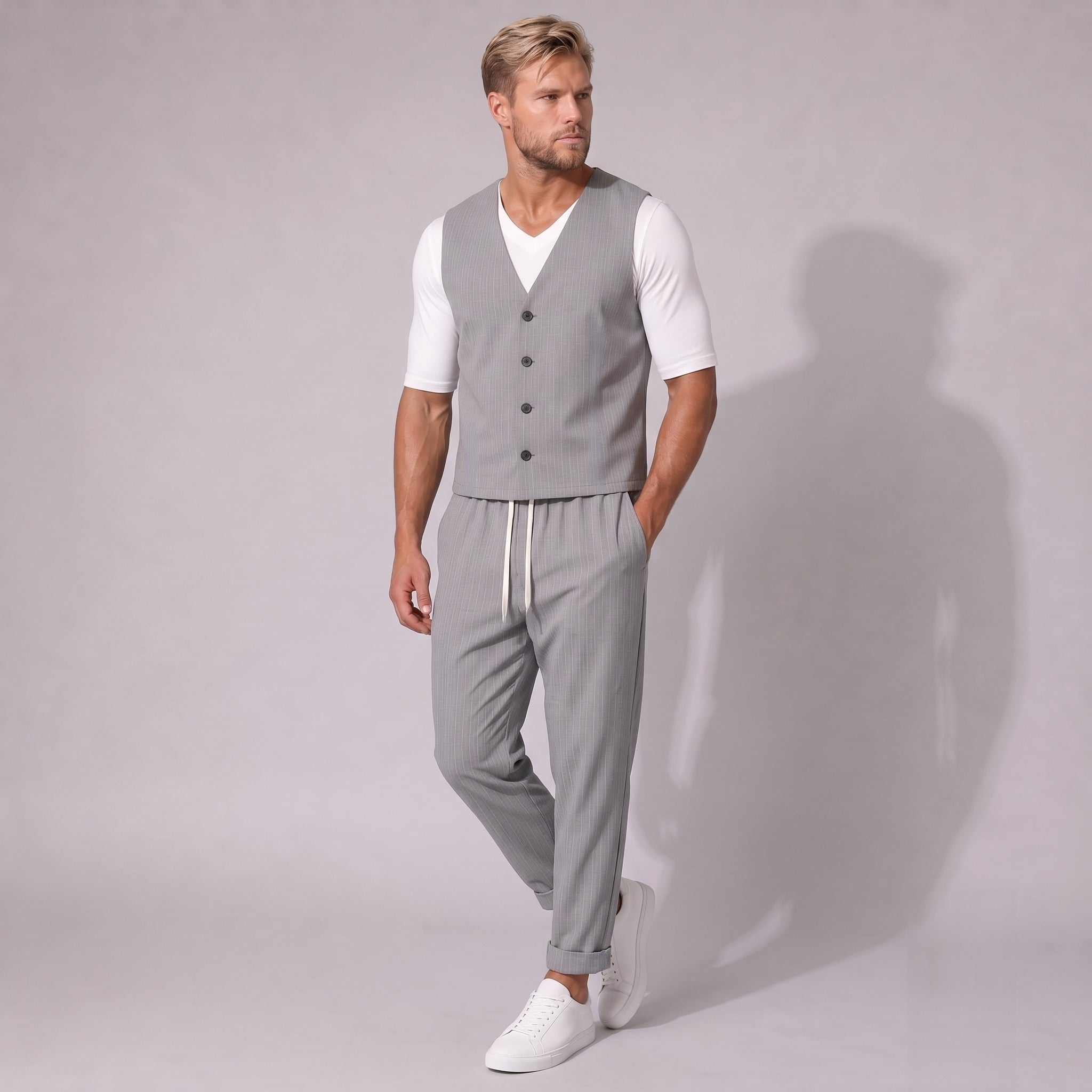 Costum bărbătesc relaxat gri cu dungi – vestă și pantaloni cu tur lăsat