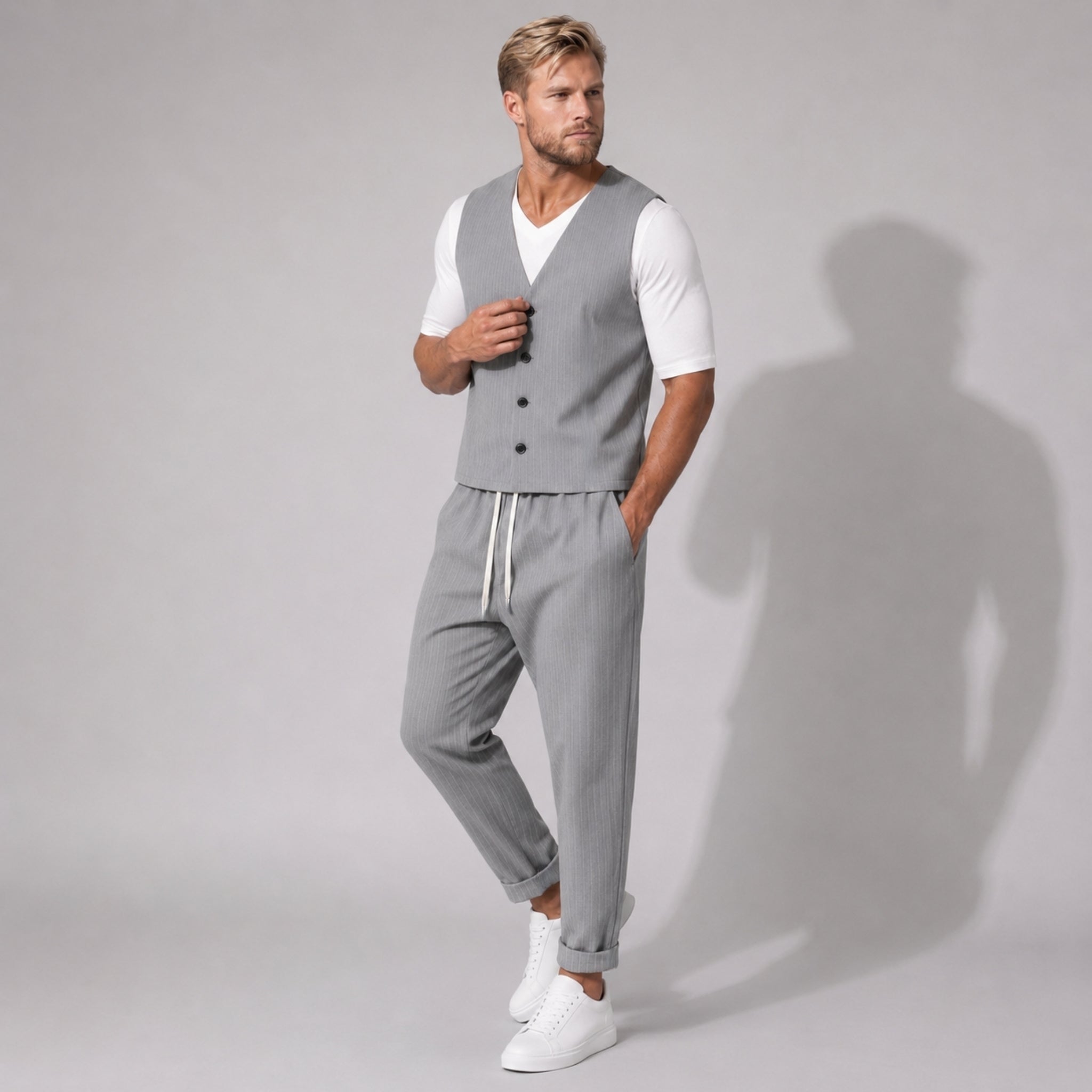 Costum bărbătesc relaxat gri cu dungi – vestă și pantaloni cu tur lăsat