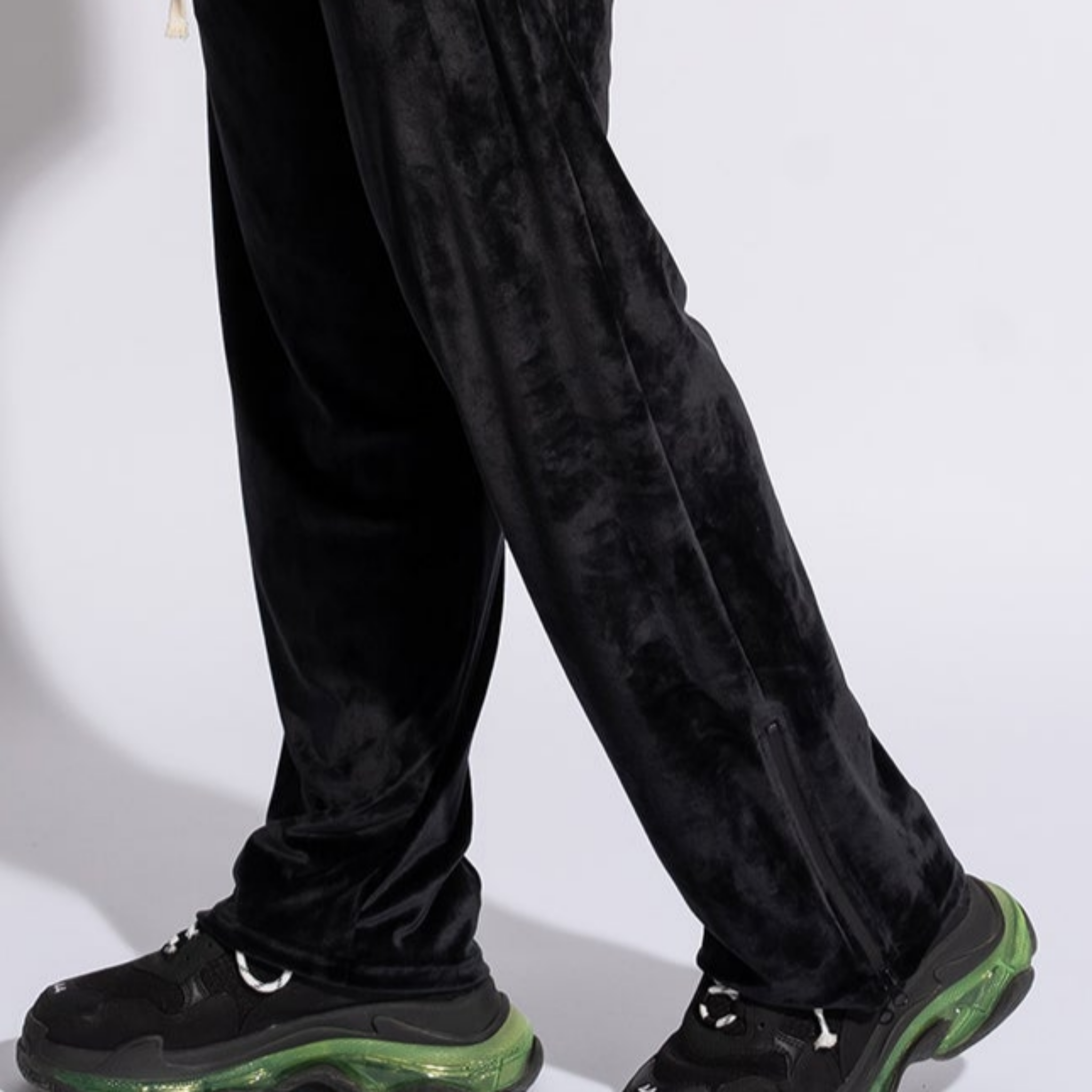 Pantaloni bărbătești drepți din catifea neagră cu fermoare laterale, stil modern premium