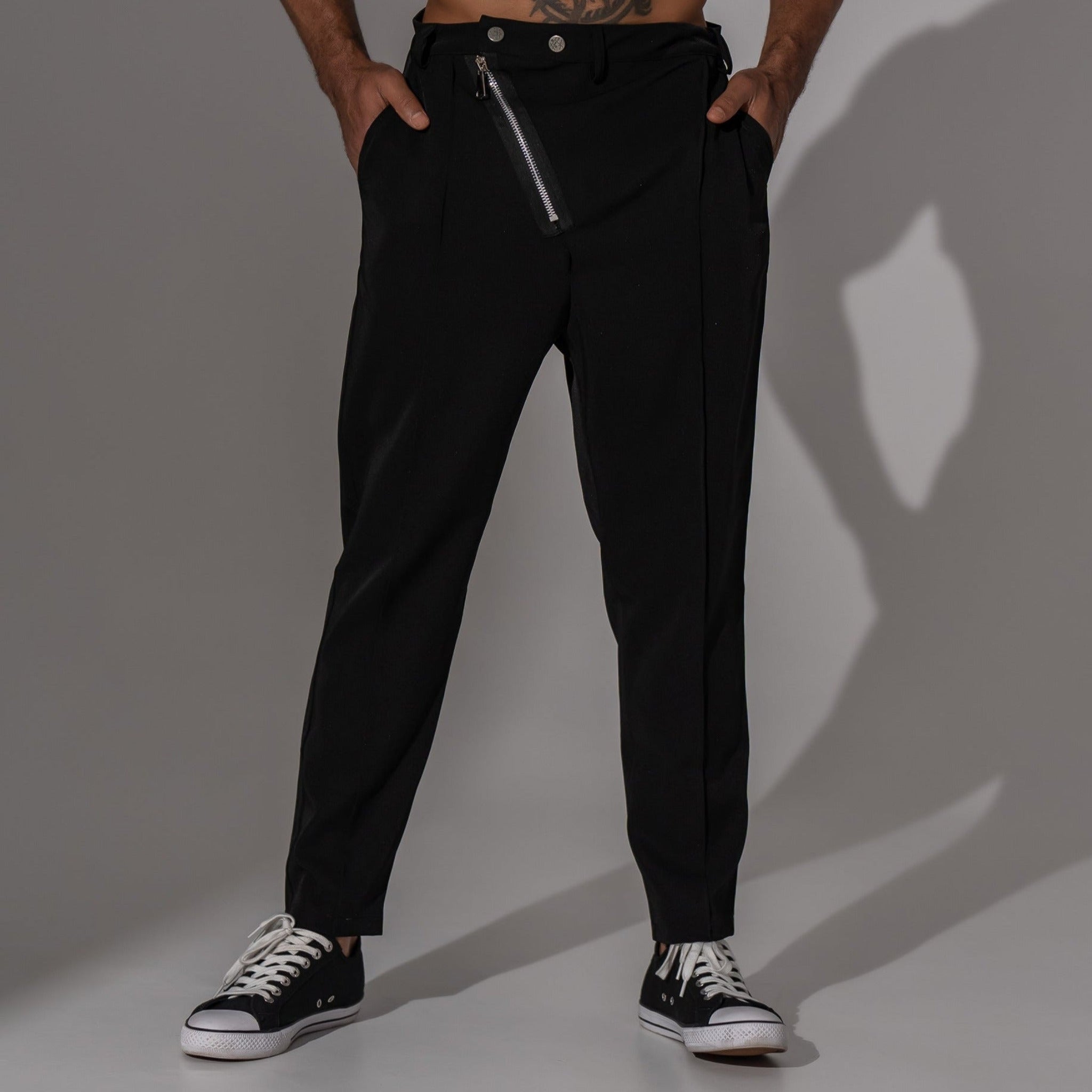 pantaloni eleganti barbatesti cu fermoar oblic si cusatura decorativa