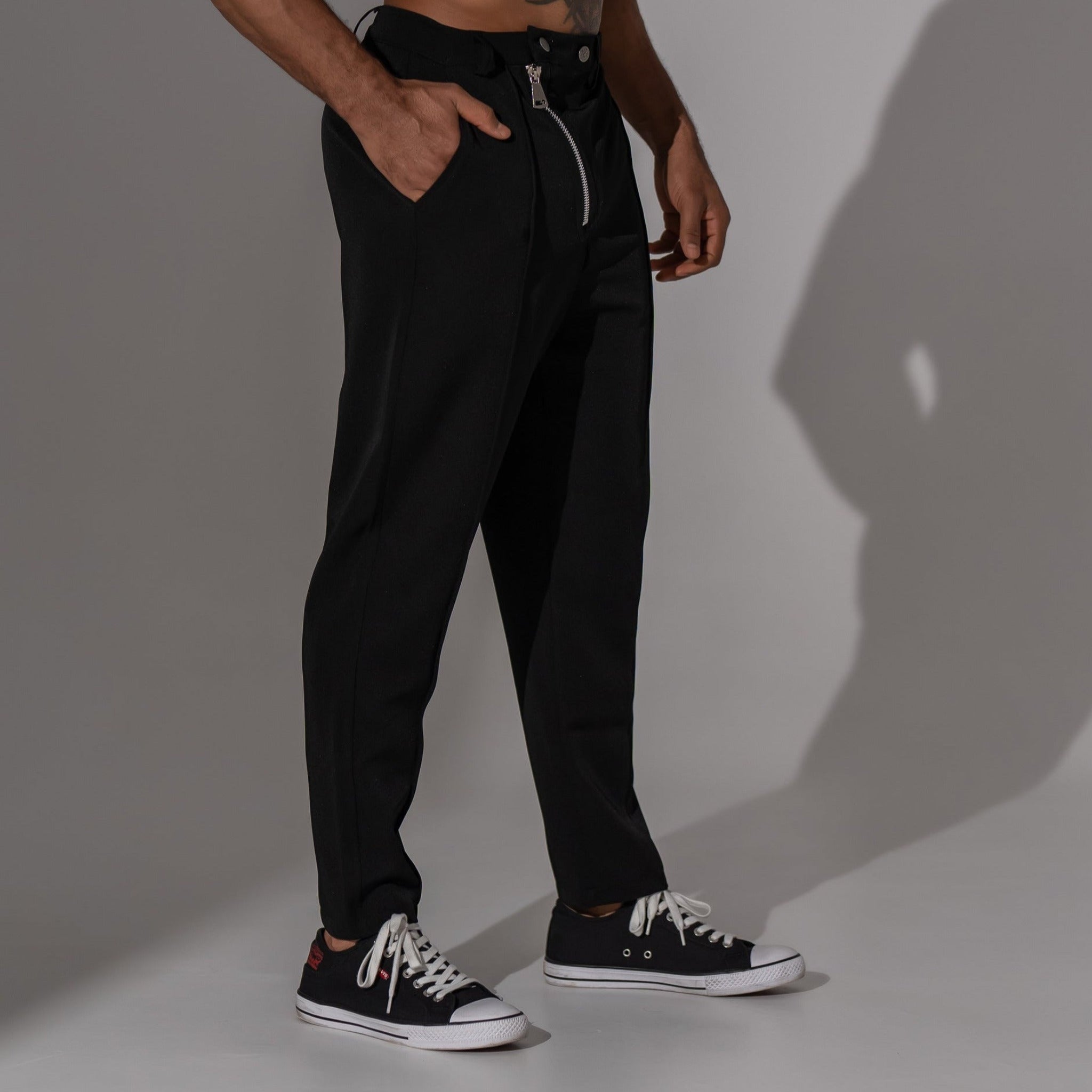 pantaloni eleganti barbatesti cu fermoar oblic si cusatura decorativa