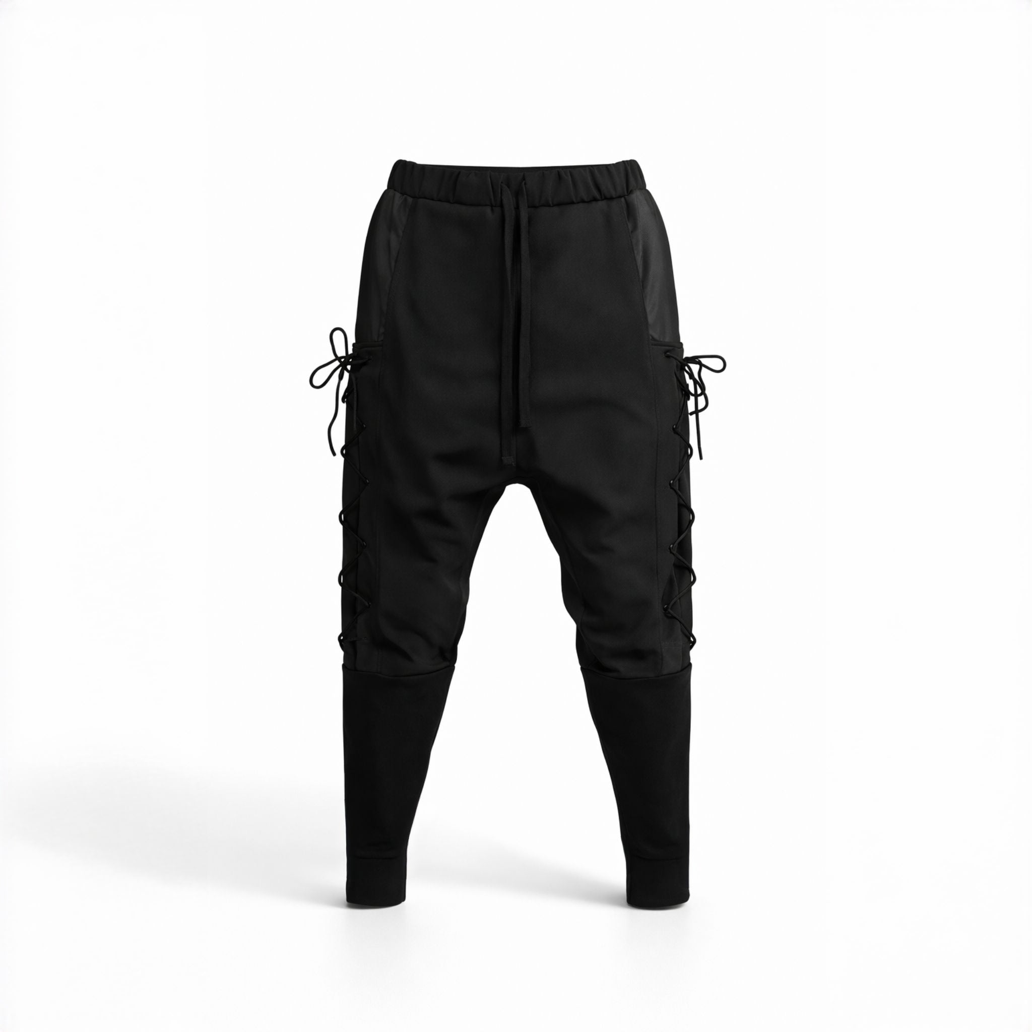 Pantaloni negri bărbătești cu tur, șnururi laterale și fâș aplicat – Stil modern și dinamic