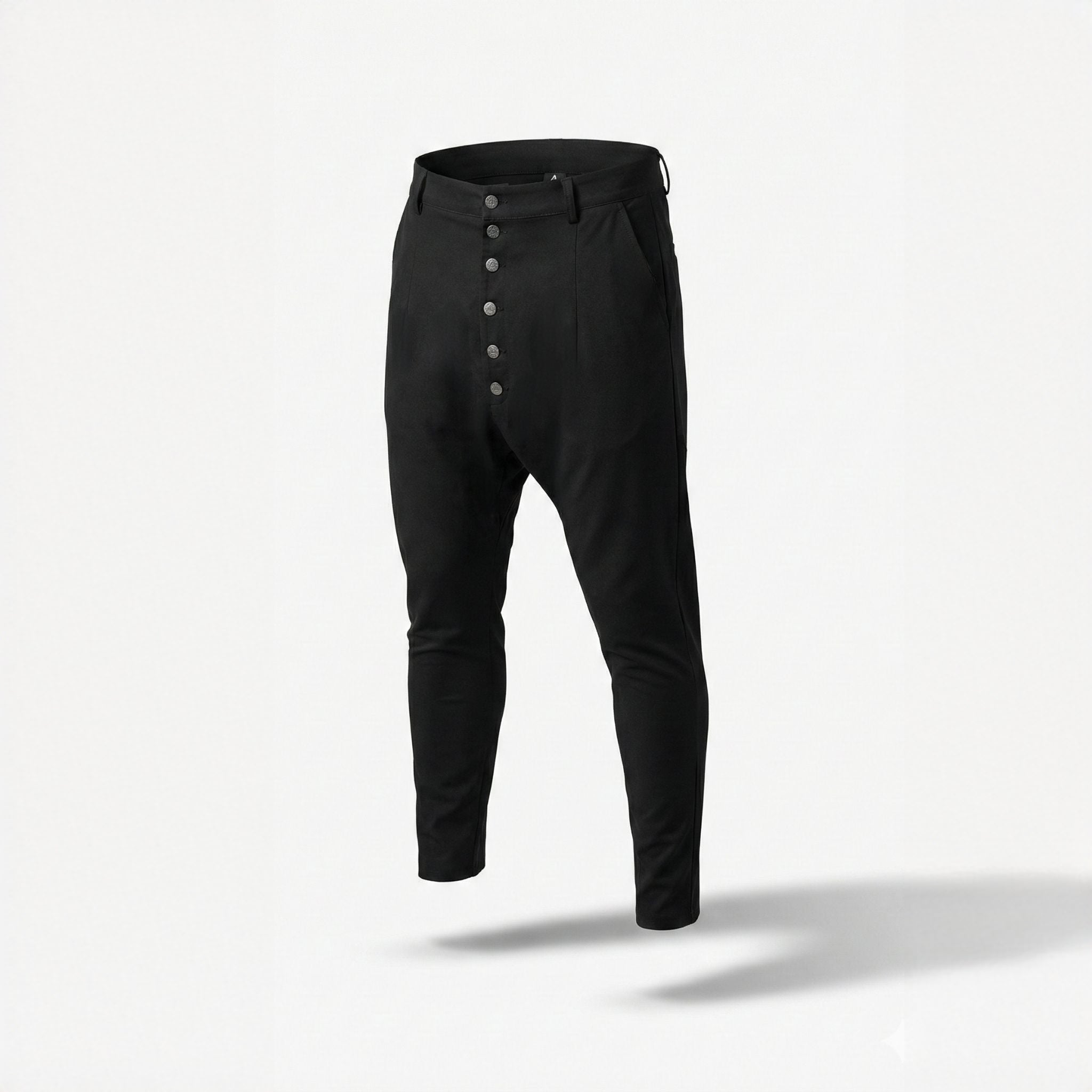 Pantaloni casual bărbătești negri cu tur lăsat și nasturi metalici pe șliț – Stil modern și relaxat