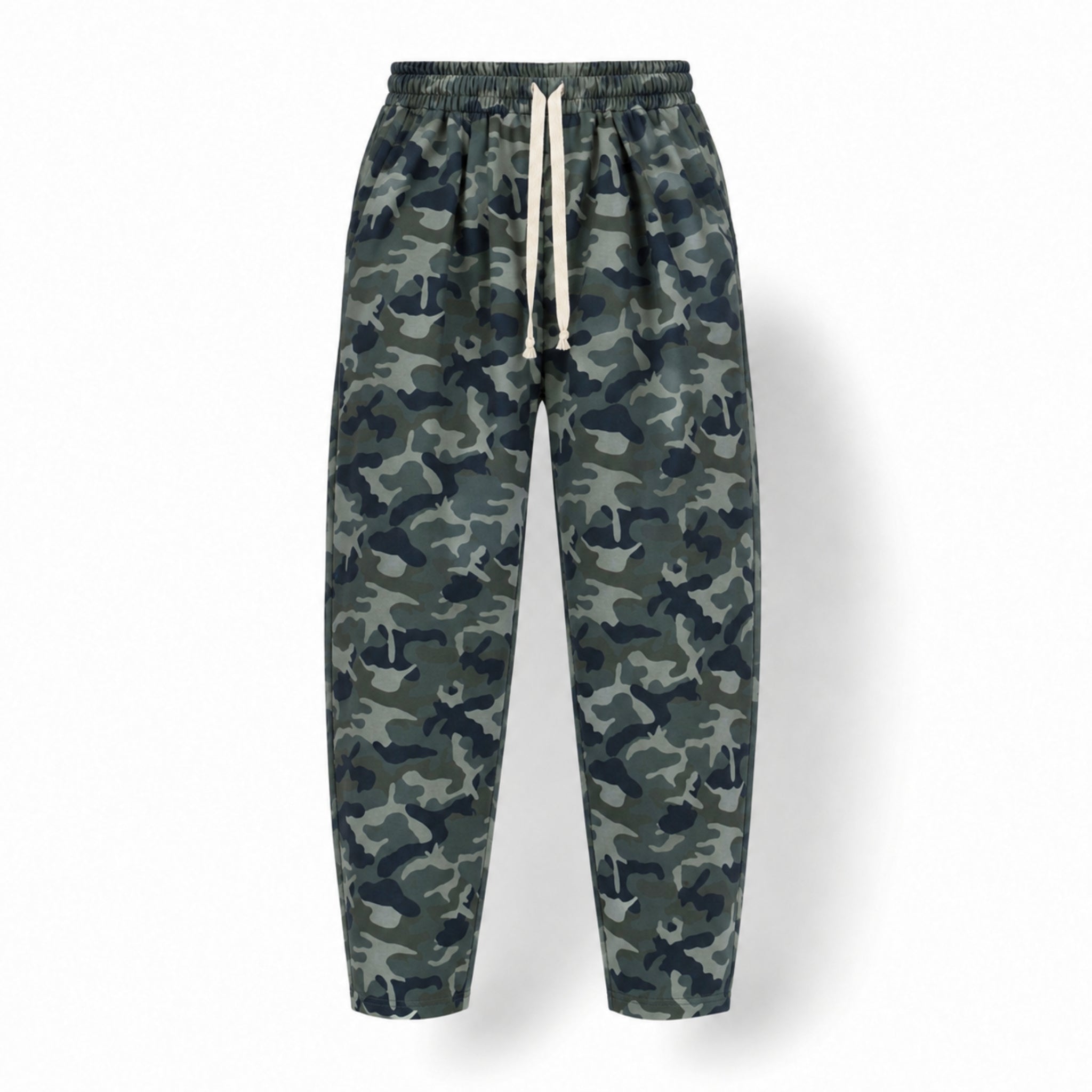 Pantaloni trening bărbați conici tip balon – design oversized, print camuflaj
