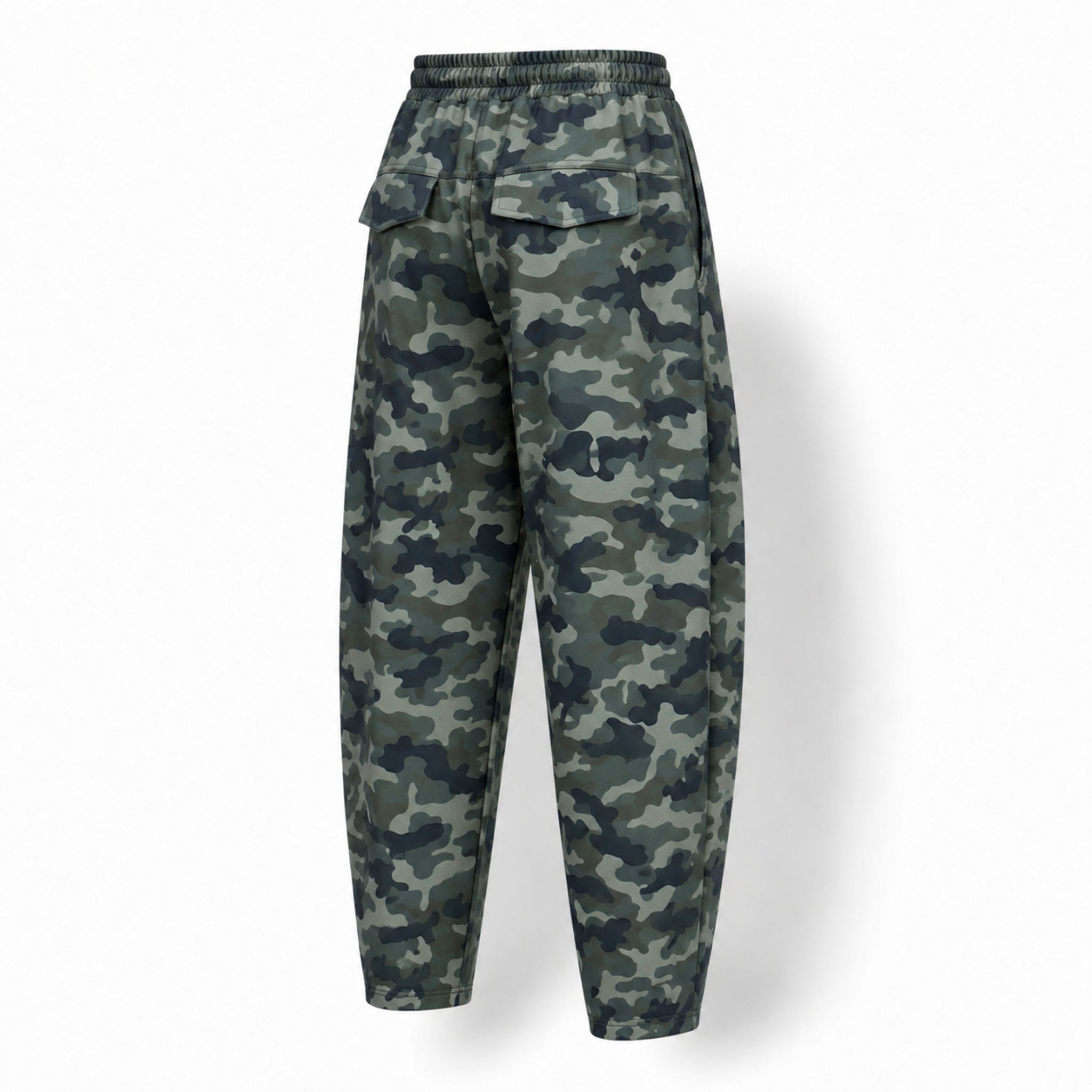 Pantaloni trening bărbați conici tip balon – design oversized, print camuflaj