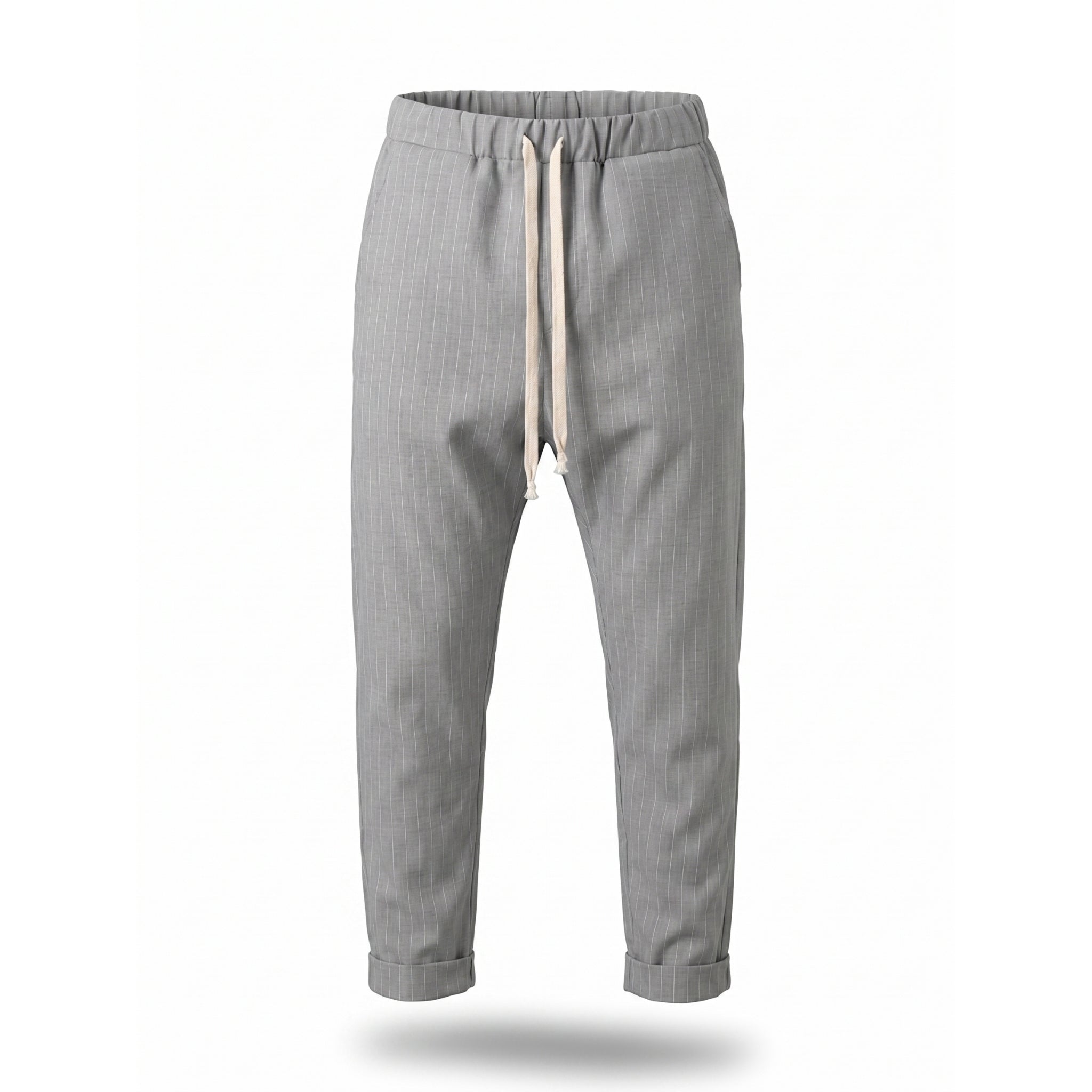 Pantaloni bărbați de vară gri cu dungi fine, croială lejeră cu tur lăsat, talie elastică și șnur crem