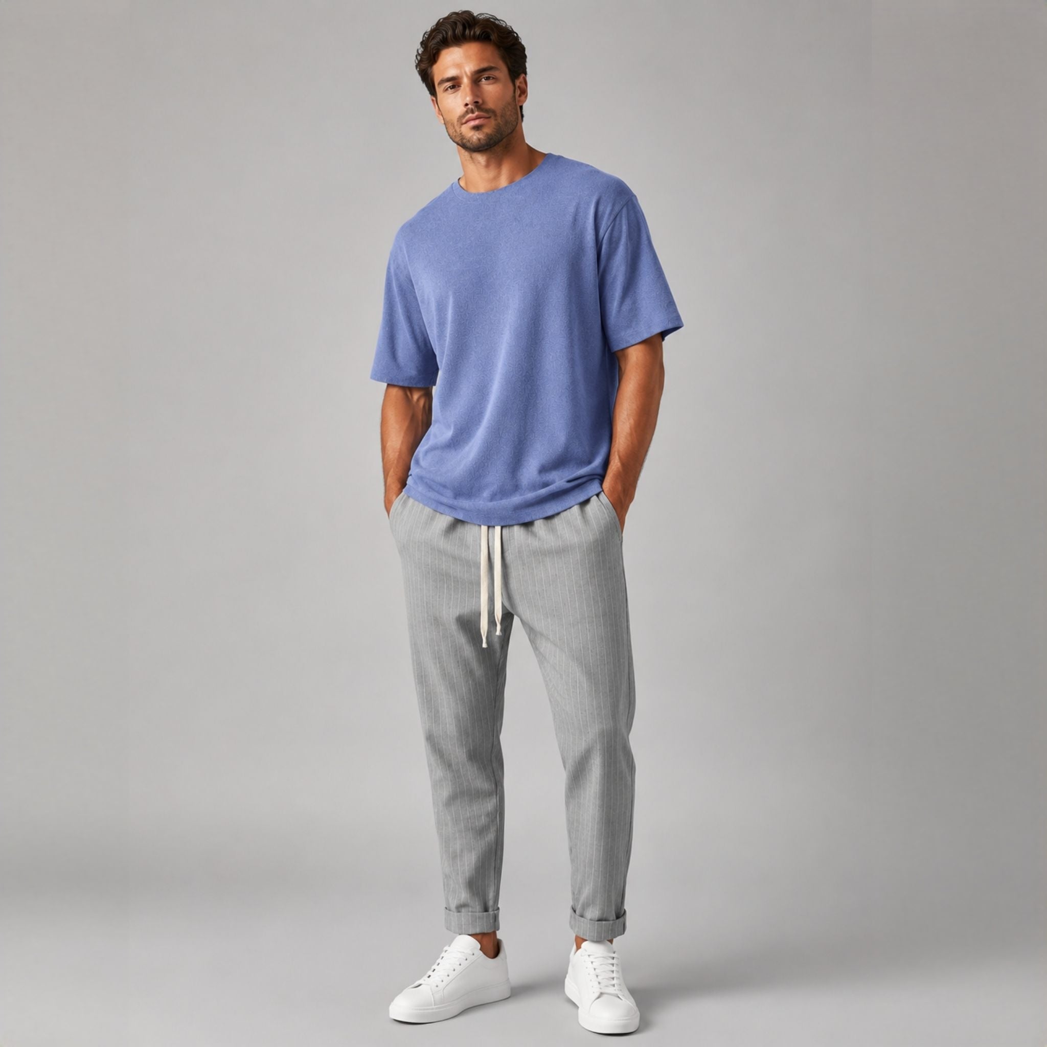 Pantaloni bărbați de vară gri cu dungi fine, croială lejeră cu tur lăsat, talie elastică și șnur crem