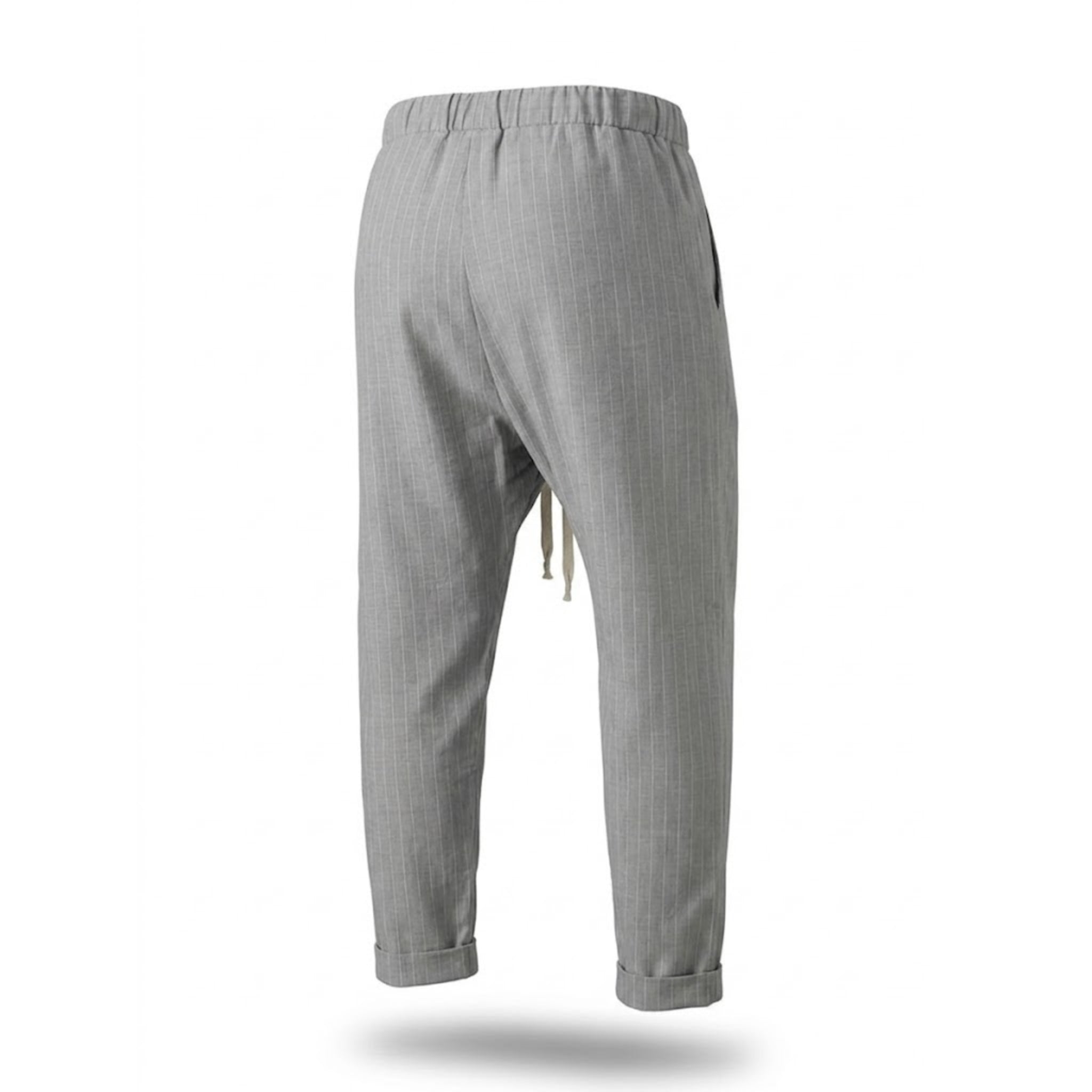Pantaloni bărbați de vară gri cu dungi fine, croială lejeră cu tur lăsat, talie elastică și șnur crem
