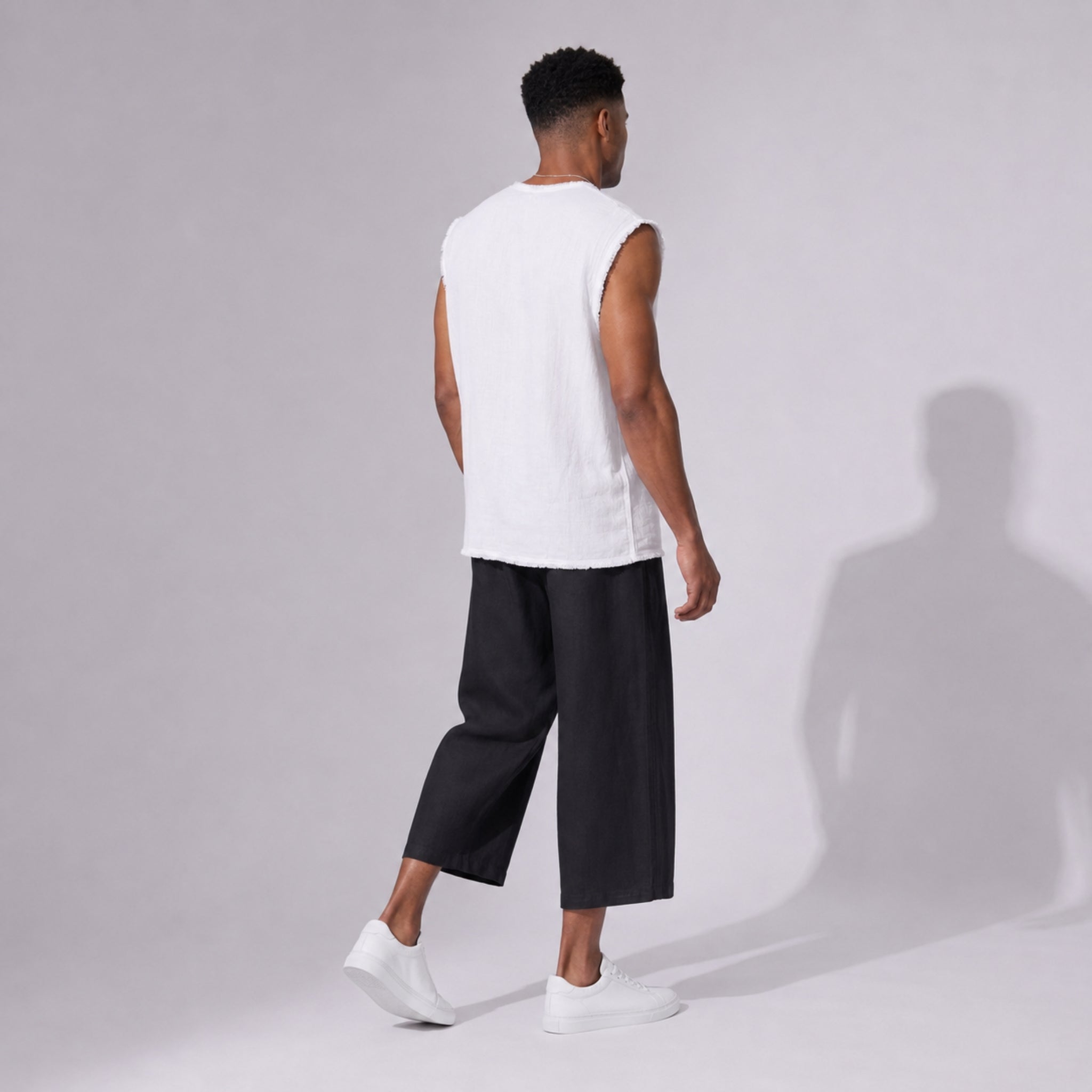 Pantaloni 3/4 din In Negri pentru Bărbați, Croi Larg Relaxat, Stil Urban