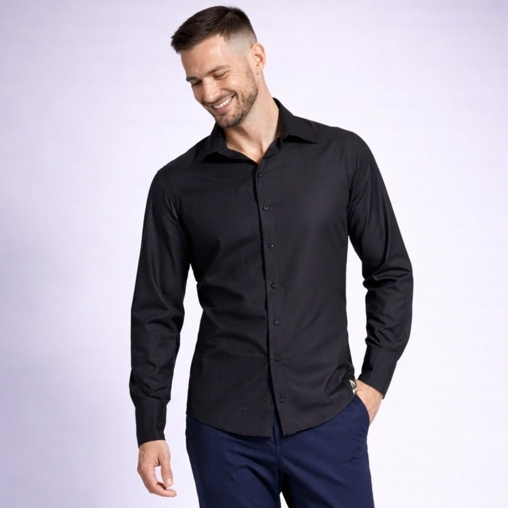 Cămașă bărbătească neagră regular fit – Eleganță și confort premium