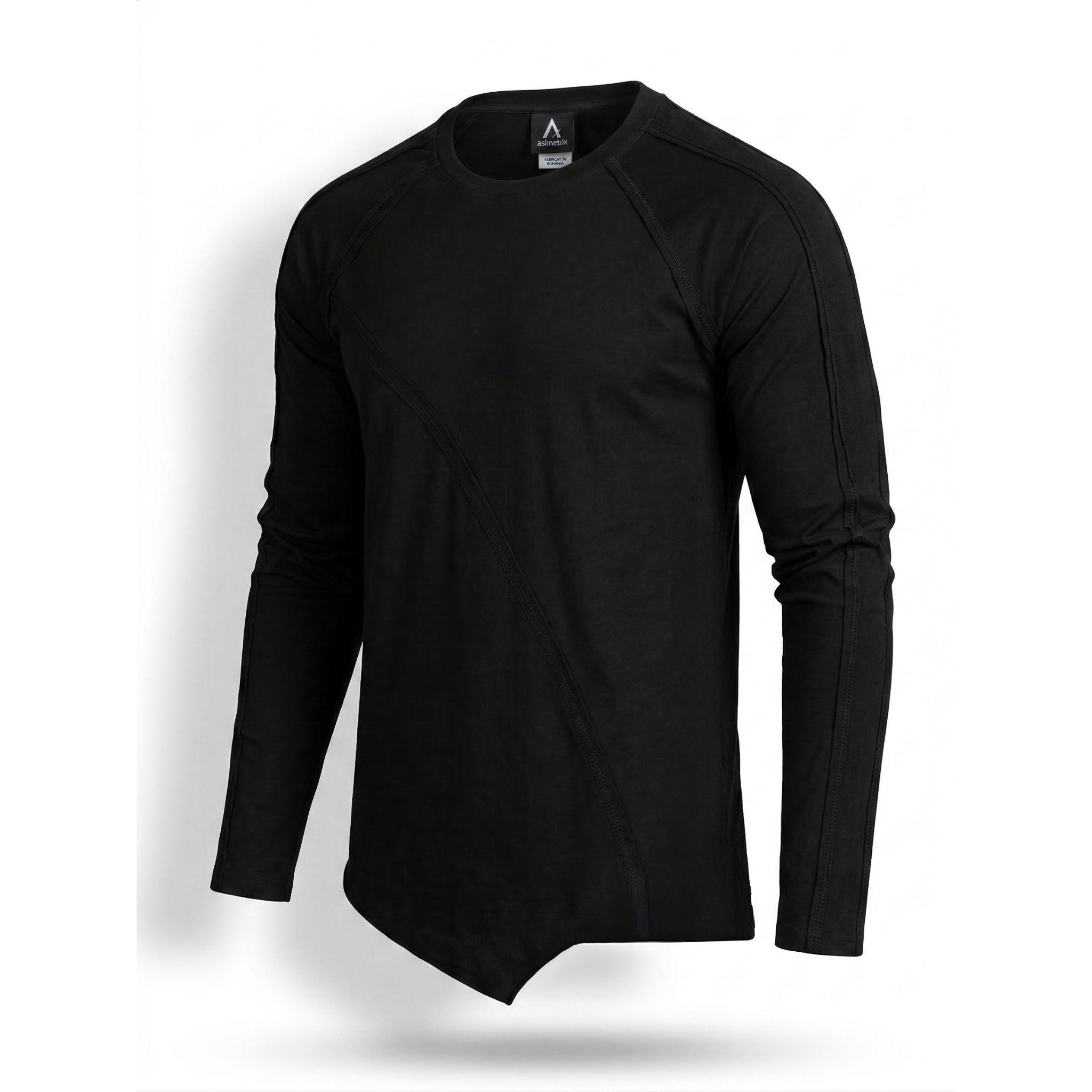 Tricou negru asimetric cu maneca lunga si cusaturi decorative