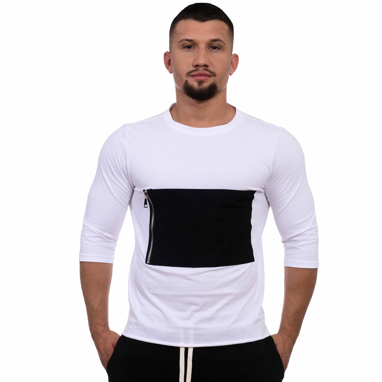 Tricou alb cu maneca pana la cot si buzunar negru cu fermoar vagabond reflectss asimetrix