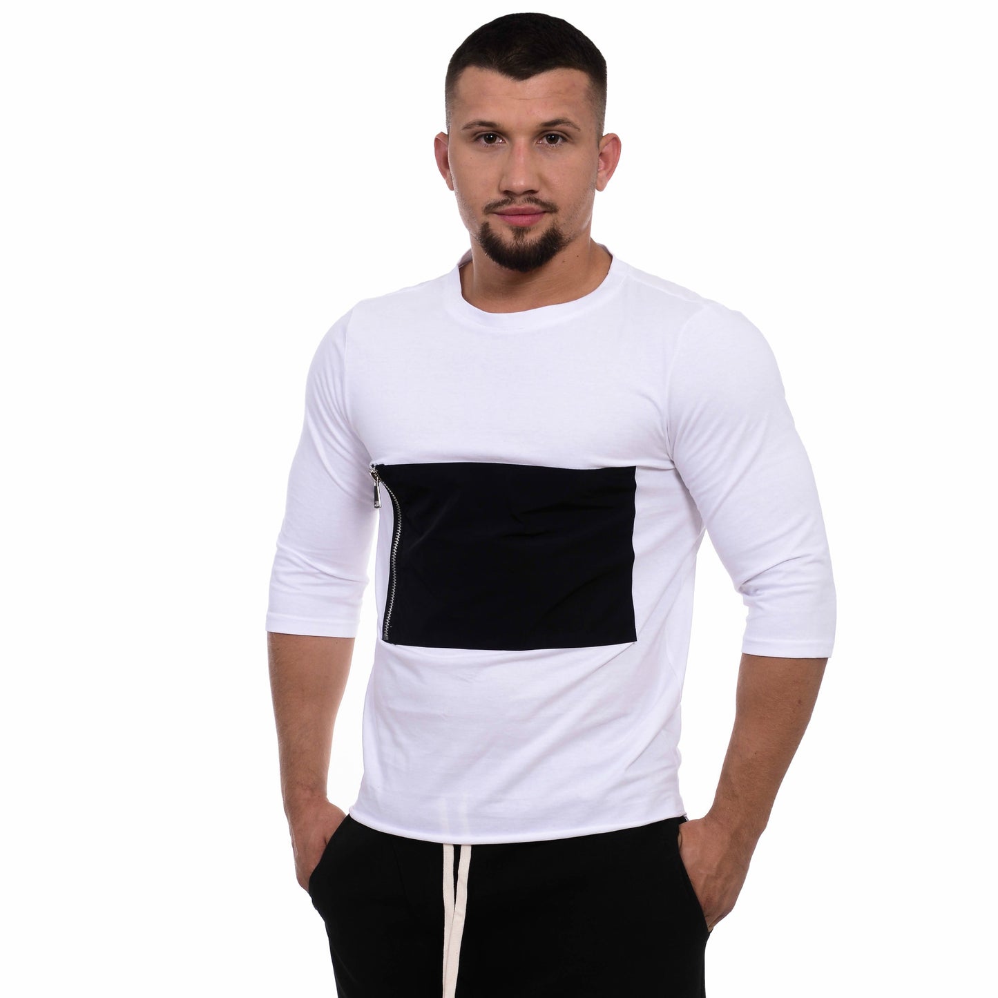 Tricou alb cu maneca pana la cot si buzunar negru cu fermoar vagabond reflectss asimetrix