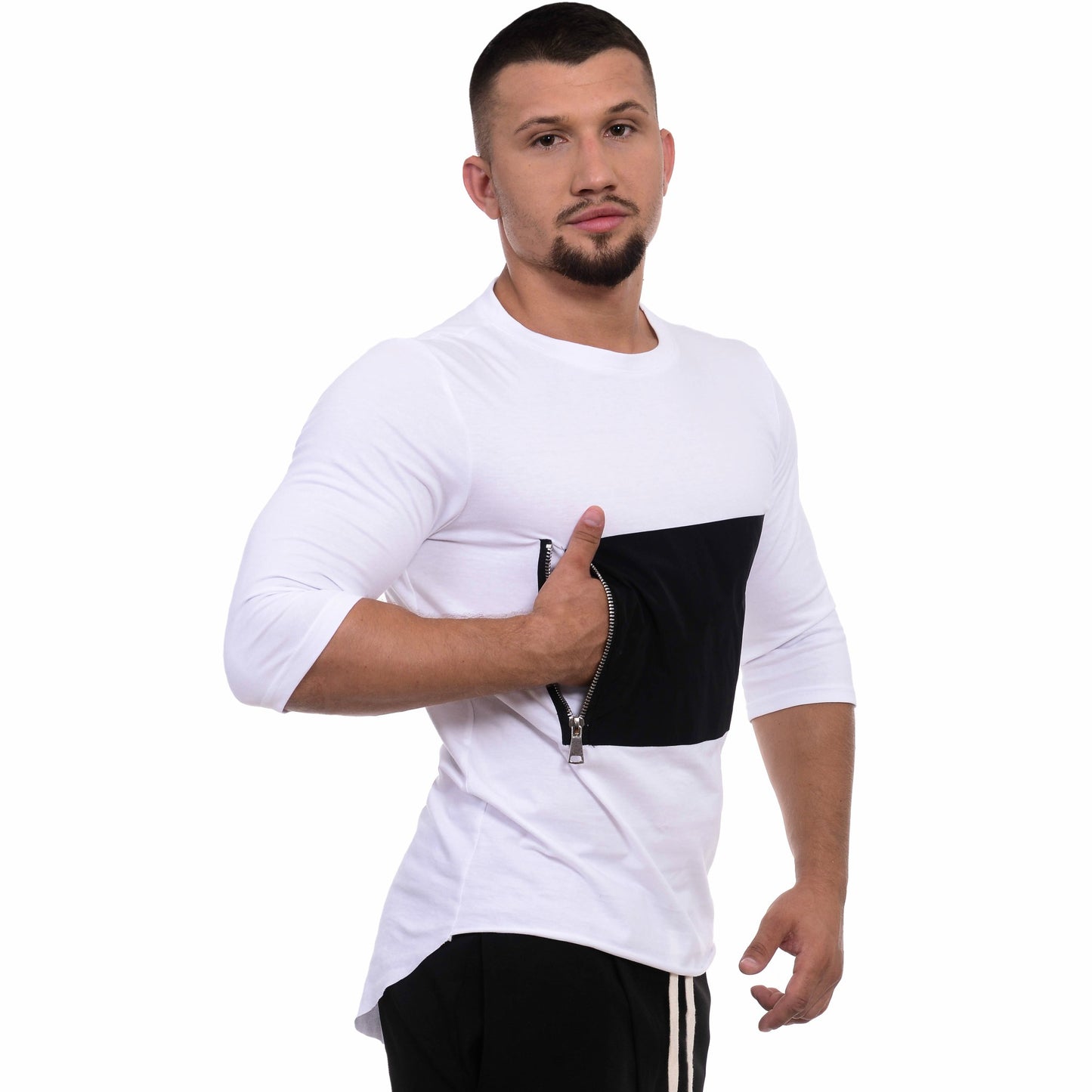 Tricou alb cu maneca pana la cot si buzunar negru cu fermoar vagabond reflectss asimetrix