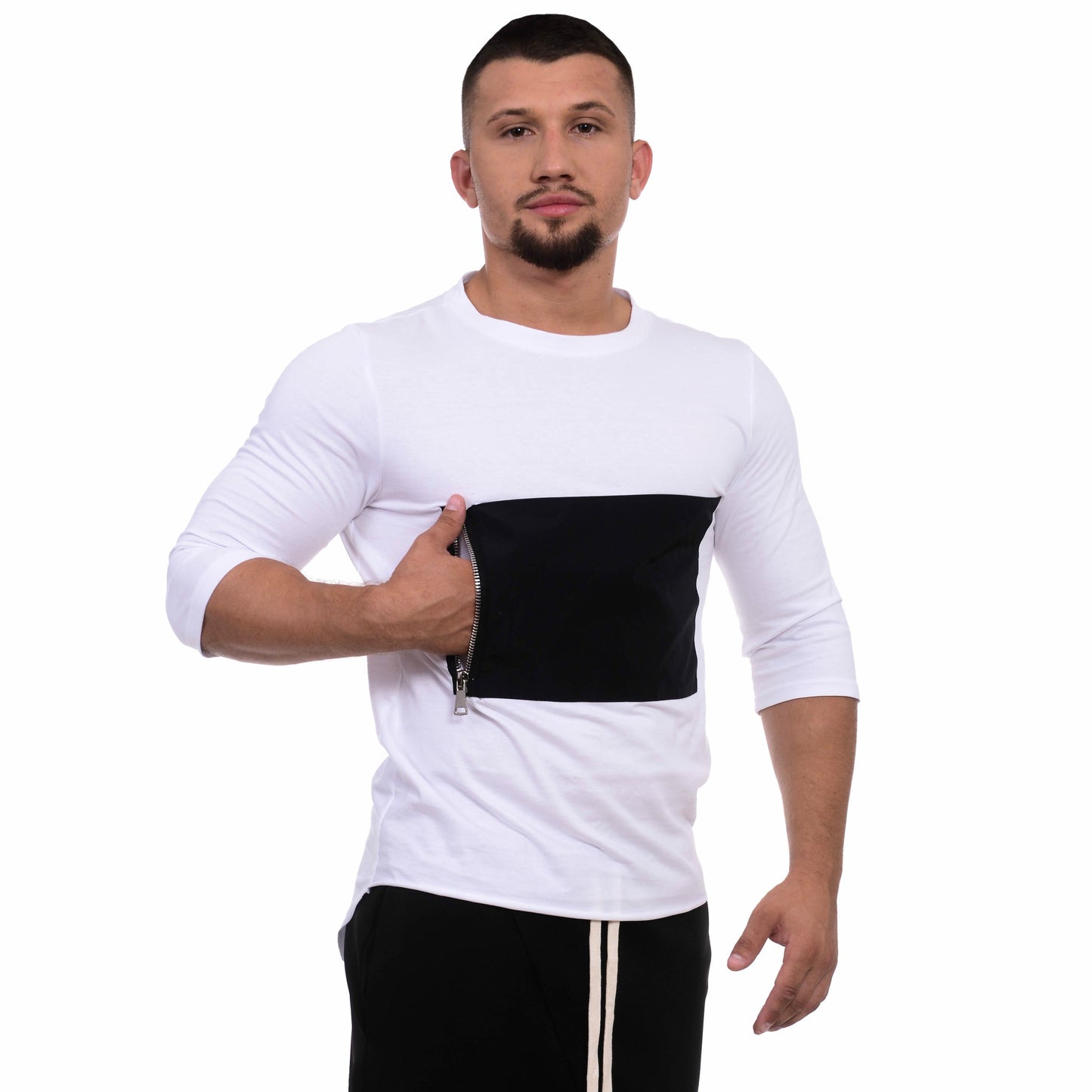 Tricou alb cu maneca pana la cot si buzunar negru cu fermoar vagabond reflectss asimetrix
