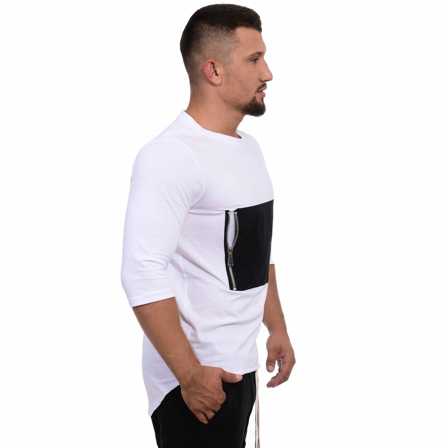 Tricou alb cu maneca pana la cot si buzunar negru cu fermoar vagabond reflectss asimetrix