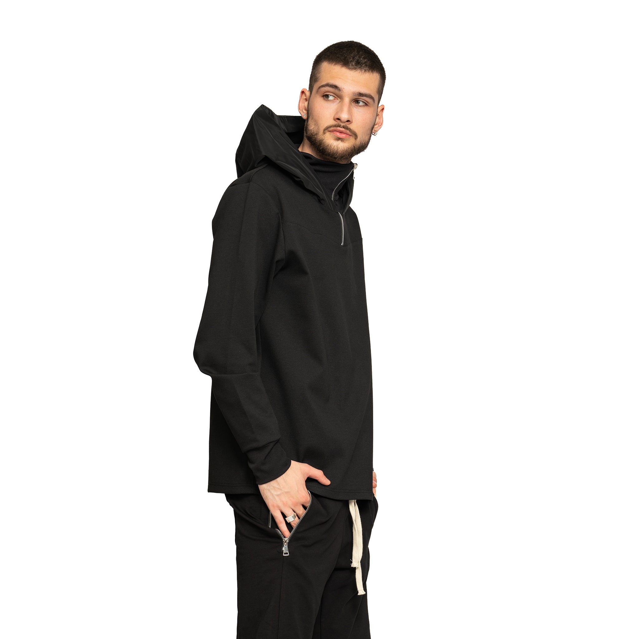 vagabond reflectss hanorac negru cu gluga din fas si guler texturat