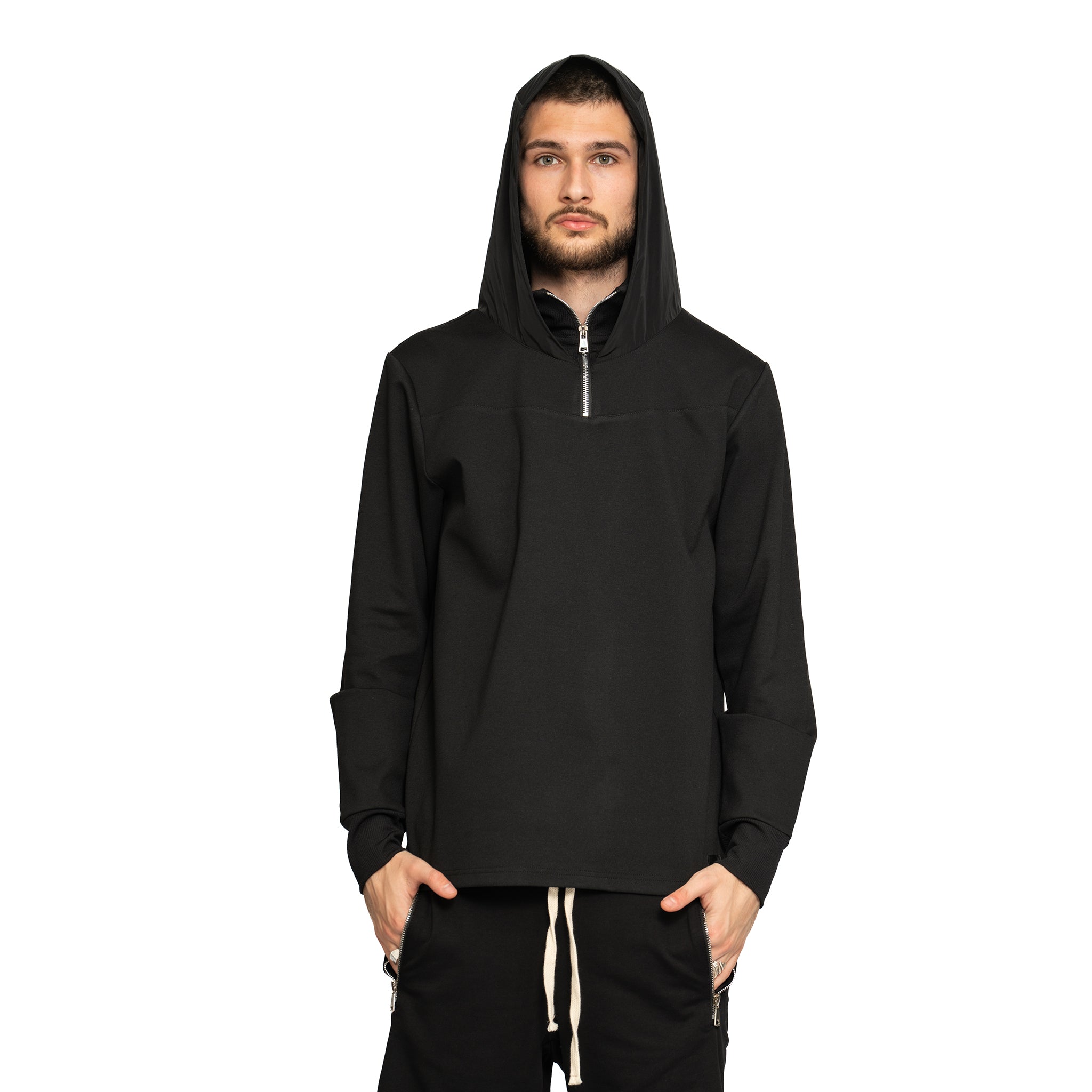 vagabond reflectss hanorac negru cu gluga din fas si guler texturat