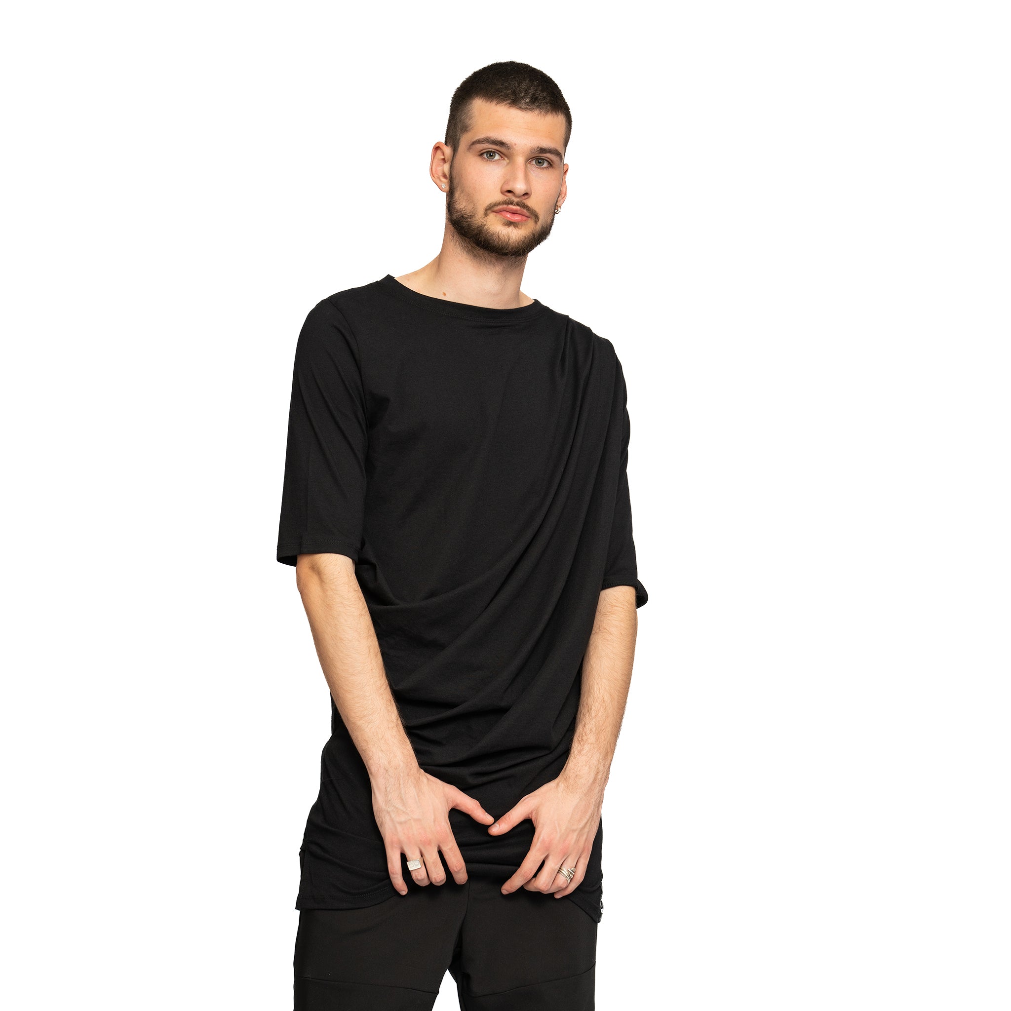 vagabond reflectss asimetrix Tricou negru long line cu drapaje