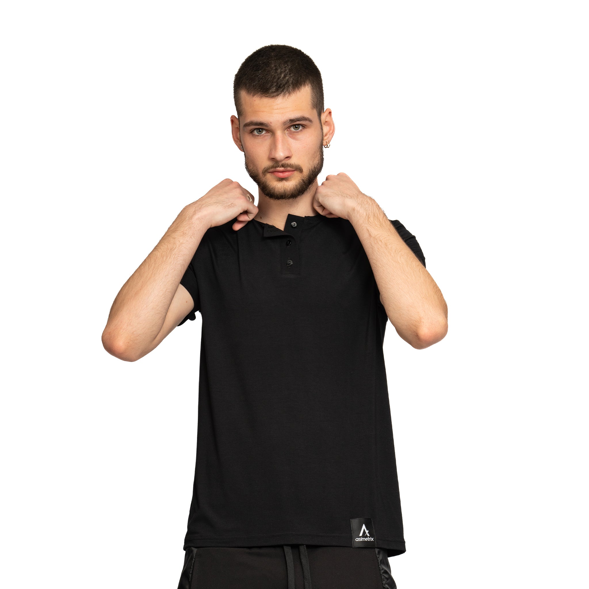 vagabond reflectss tricou negru barbatesc cu nasturi pe decolteu