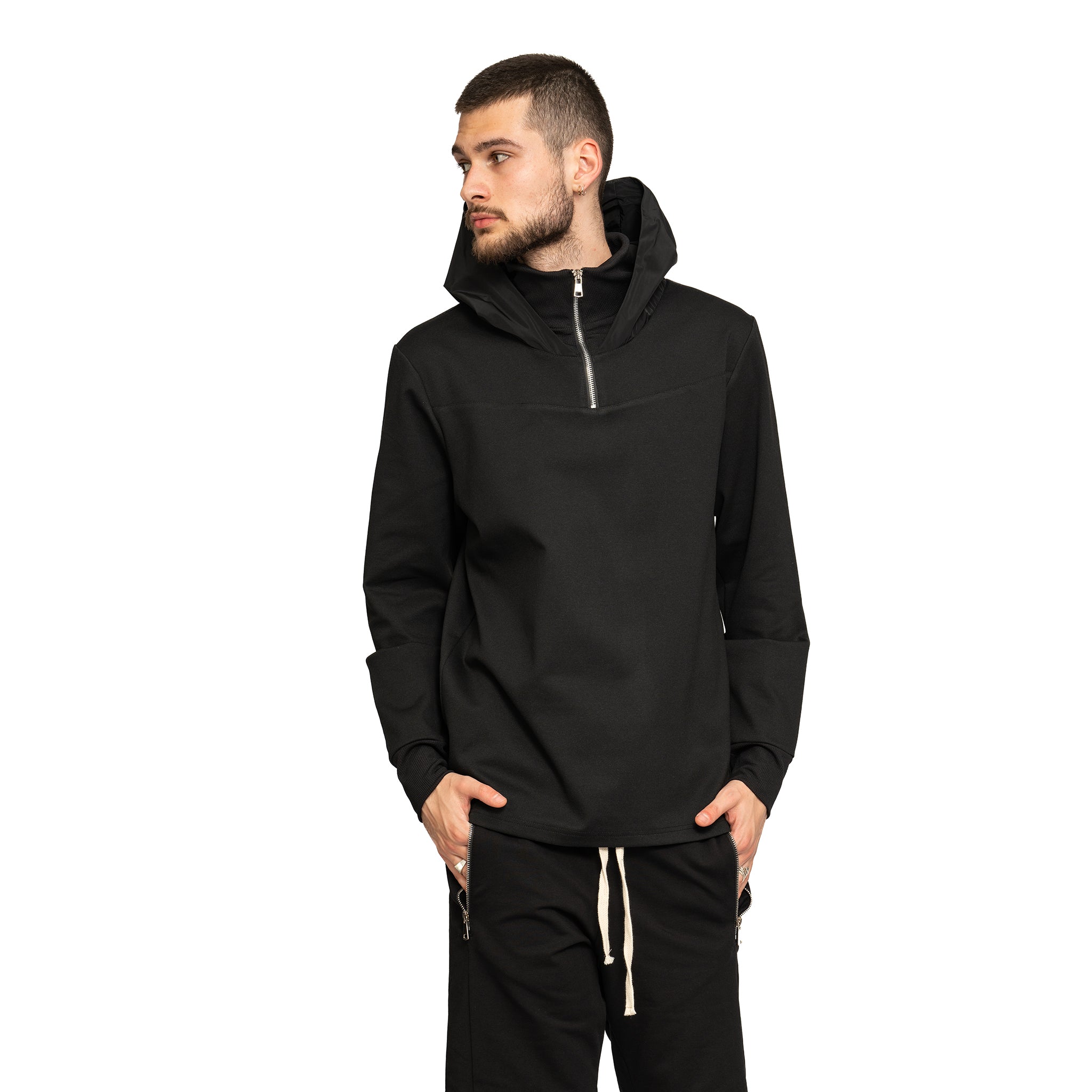 vagabond reflectss hanorac negru cu gluga din fas si guler texturat
