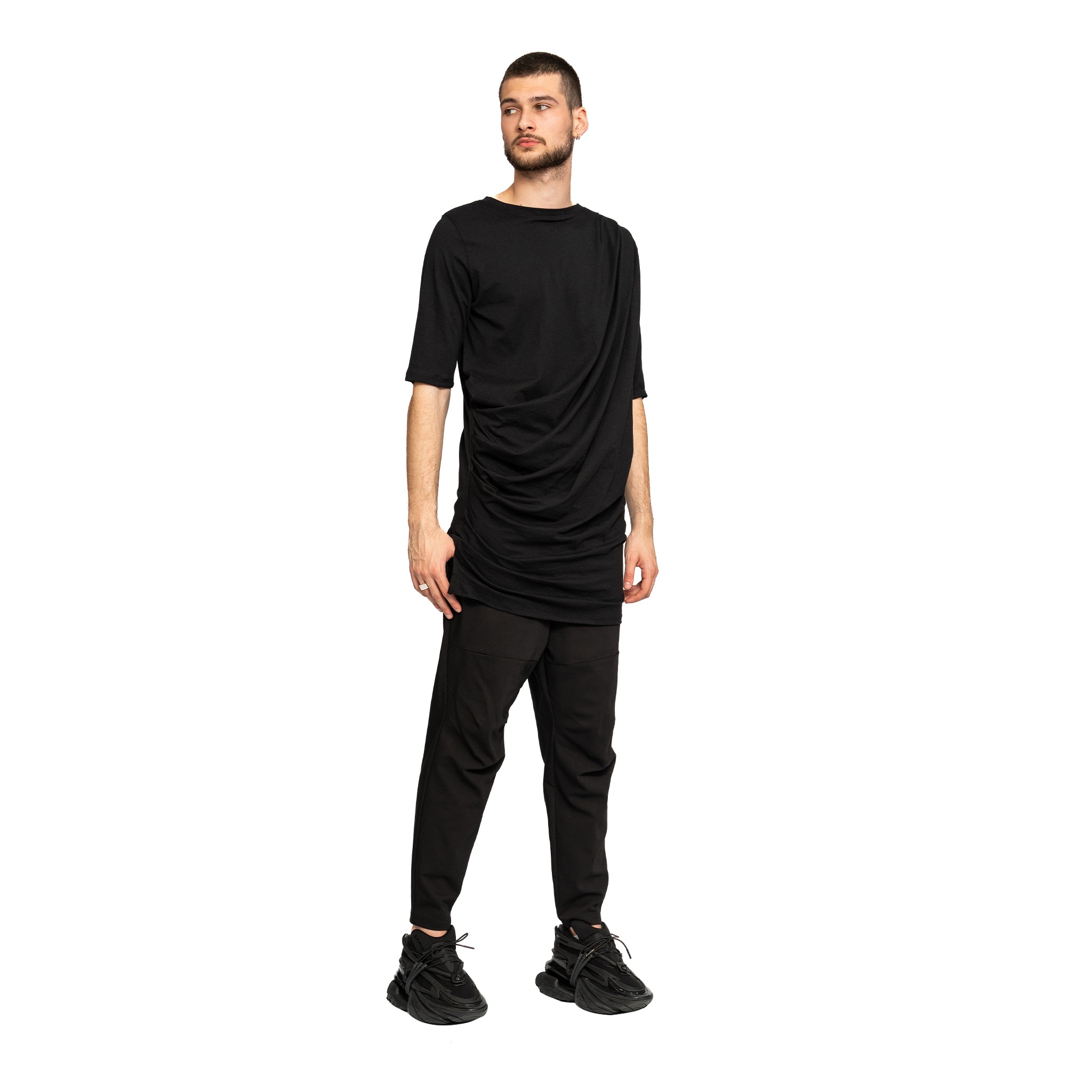 vagabond reflectss asimetrix Tricou negru long line cu drapaje