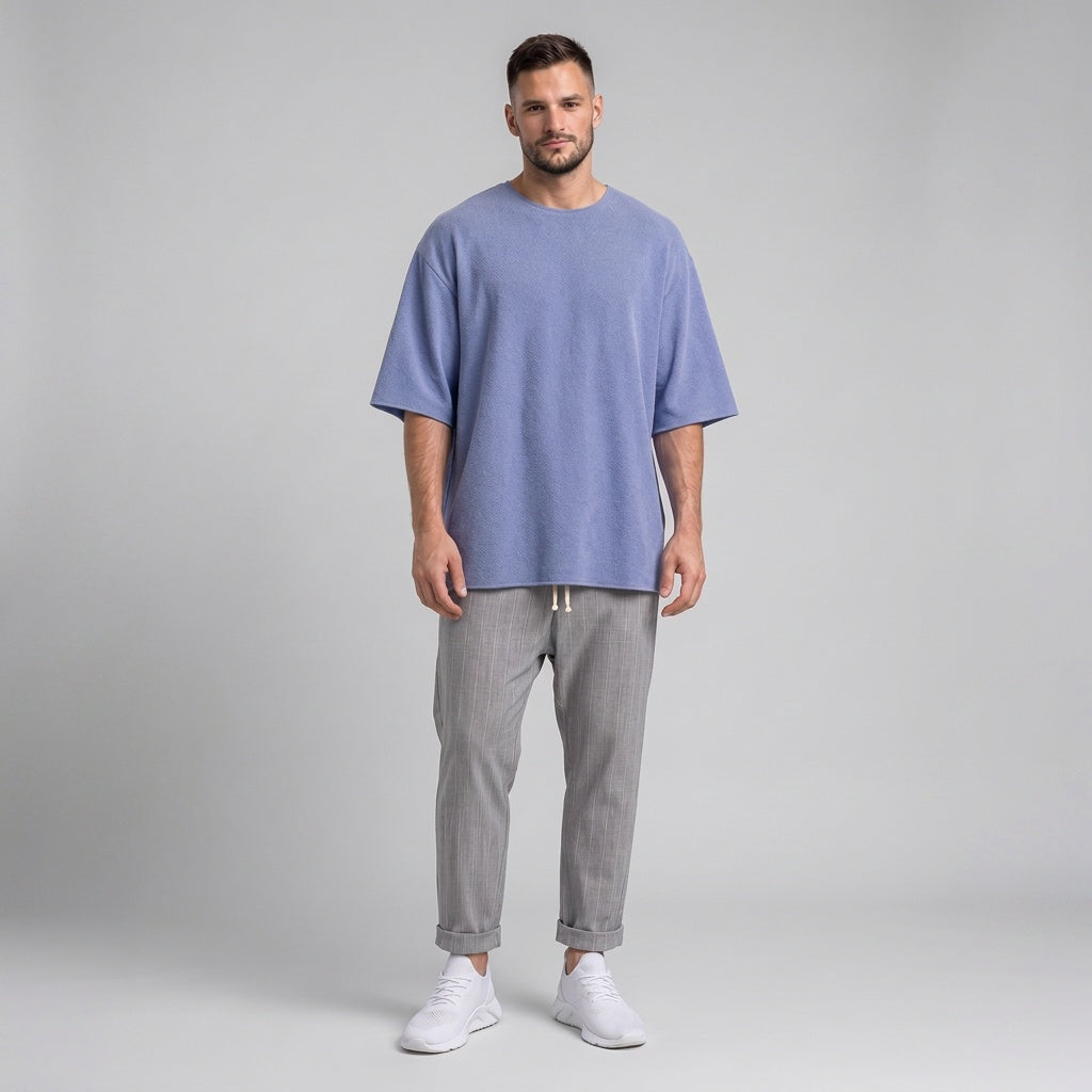 Bluză  oversized bărbați,de vară, din tricotaj subțire, lejeră și respirabilă, cu tivuri raw