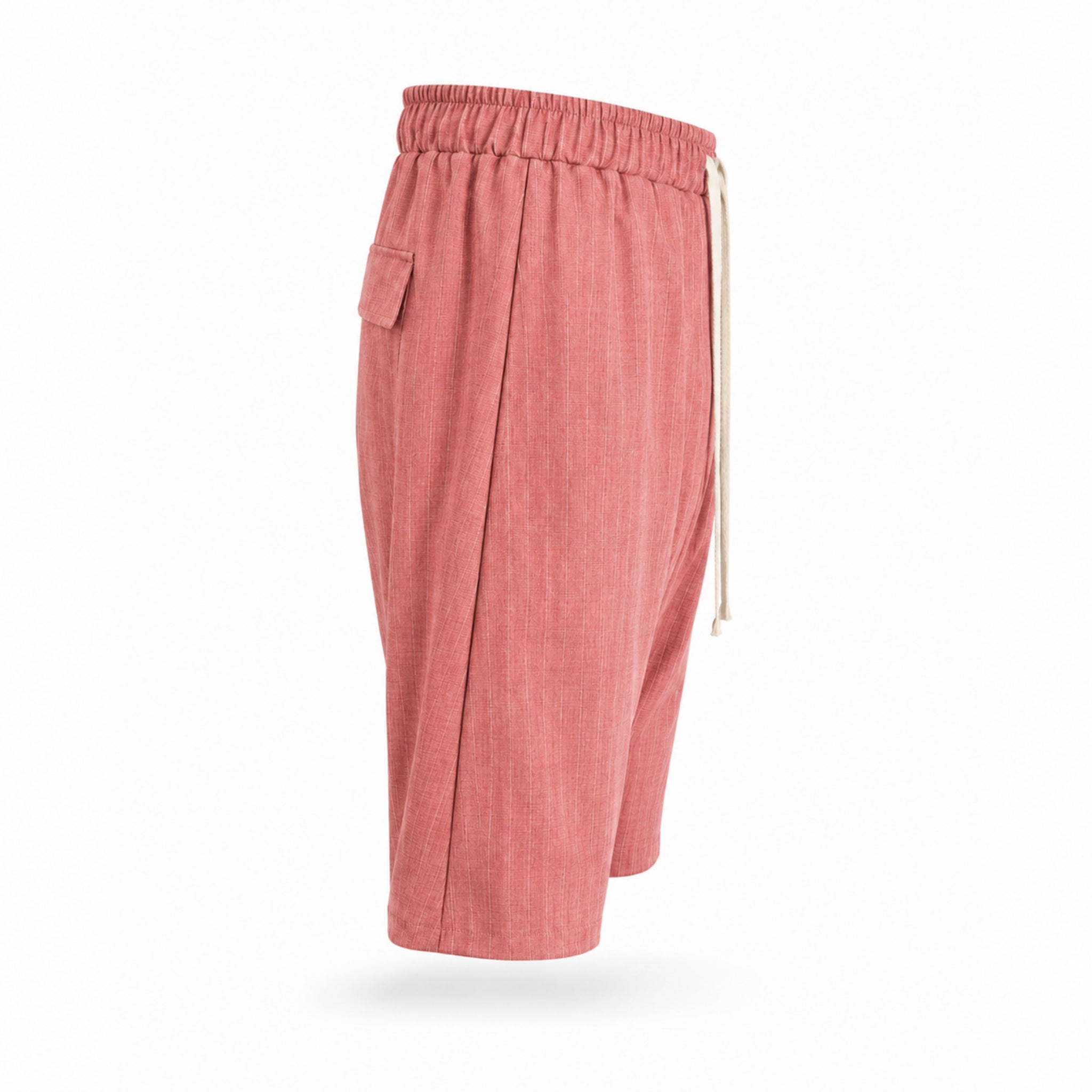 PRECOMANDA CU TERMEN DE LIVRARE 10 ZILE! Compleu bărbați roz cu dungi fine – bluza cu decolteu și pantaloni scurți lejeri de vară