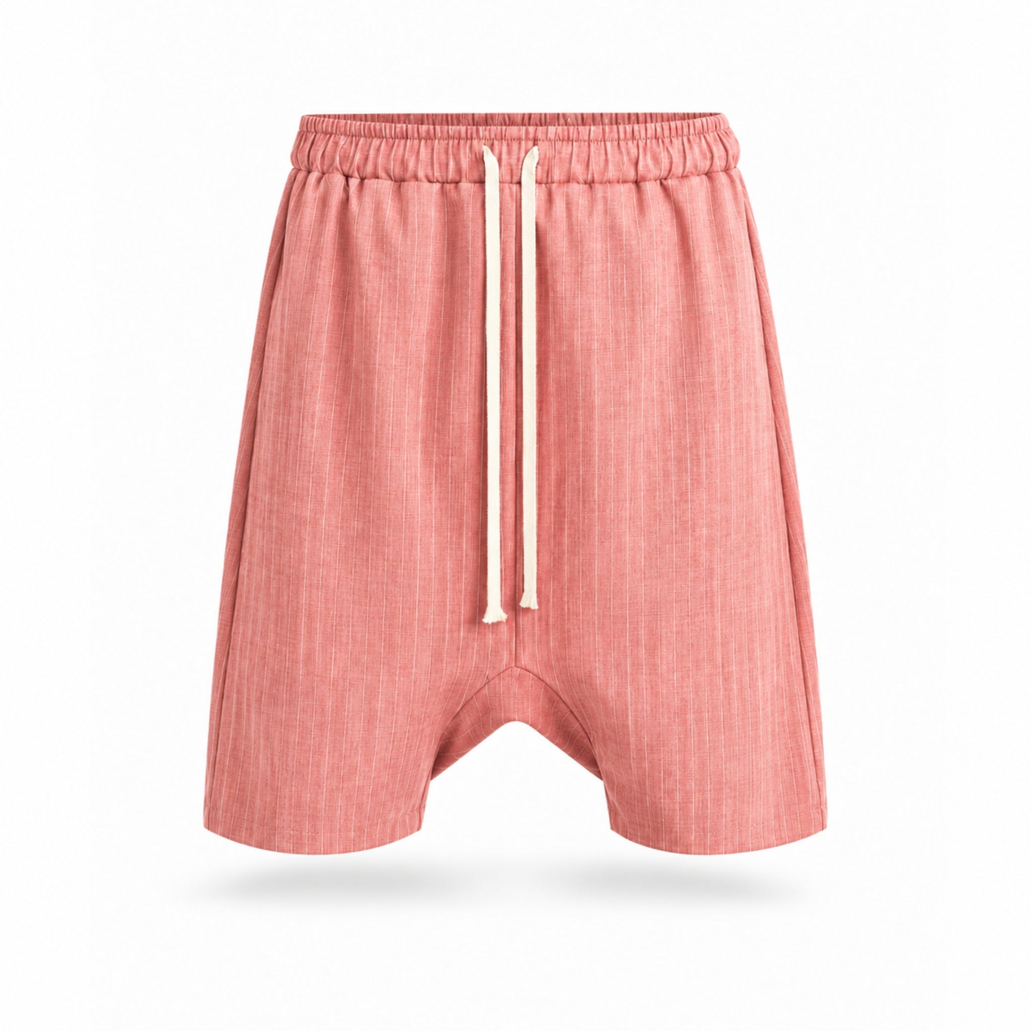 PRECOMANDA CU TERMEN DE LIVRARE 10 ZILE! Compleu bărbați roz cu dungi fine – bluza cu decolteu și pantaloni scurți lejeri de vară