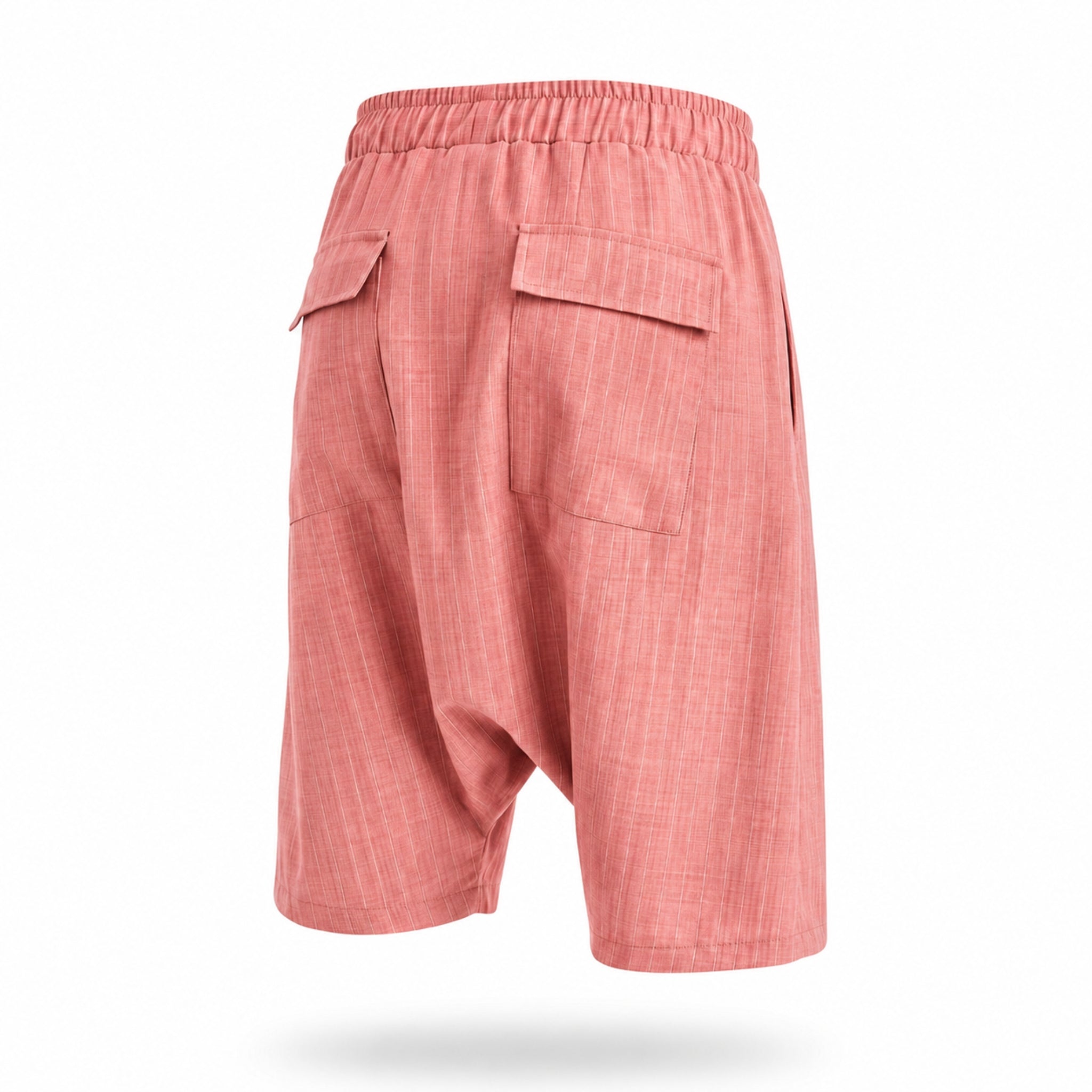 PRECOMANDA CU TERMEN DE LIVRARE 10 ZILE! Compleu bărbați roz cu dungi fine – bluza cu decolteu și pantaloni scurți lejeri de vară