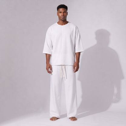 Compleu alb din bumbac cu tricou oversized cu mânecă trei sferturi și pantaloni drepți