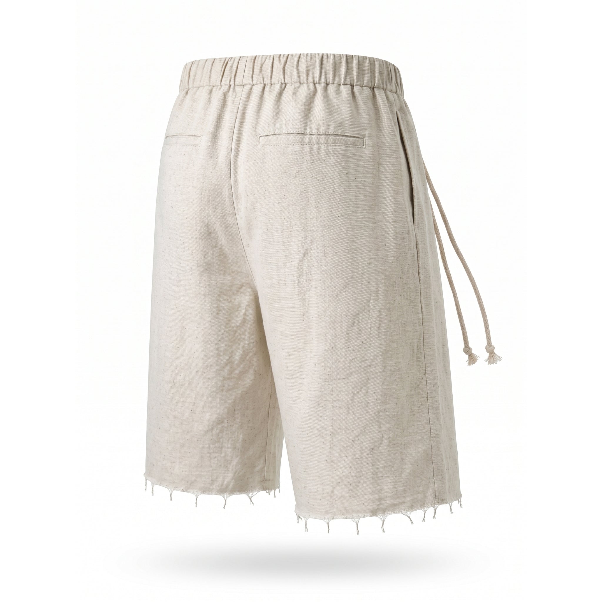 Pantaloni scurți bărbați din in 100% natural, alb ecru, cu tiv raw – model lejer de vară