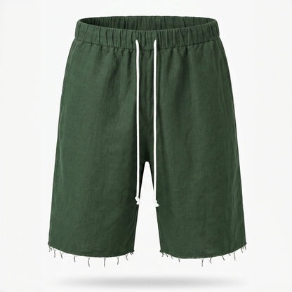 Pantaloni scurți bărbați din in 100% natural, verde, cu talie elastică și tiv raw